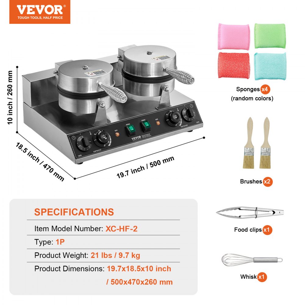 VEVOR Máquina para hacer gofres comerciales, máquina para hacer gofres redondos de doble cabezal, plancha para gofres belgas de acero inoxidable antiadherente de 2460 W con control de temperatura y tiempo, asa, para restaurantes, panaderías, bares y familias