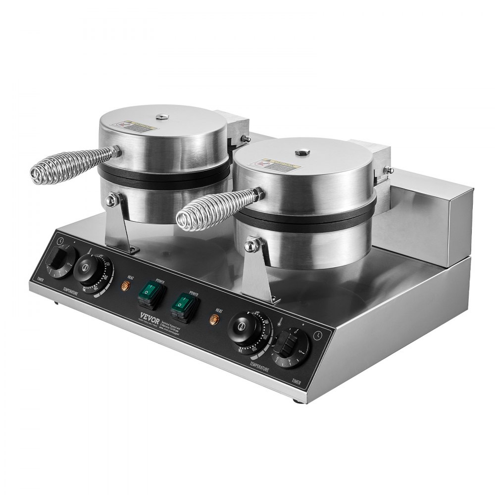 VEVOR Máquina para hacer gofres comerciales, máquina para hacer gofres redondos de doble cabezal, plancha para gofres belgas de acero inoxidable antiadherente de 2460 W con control de temperatura y tiempo, asa, para restaurantes, panaderías, bares y familias