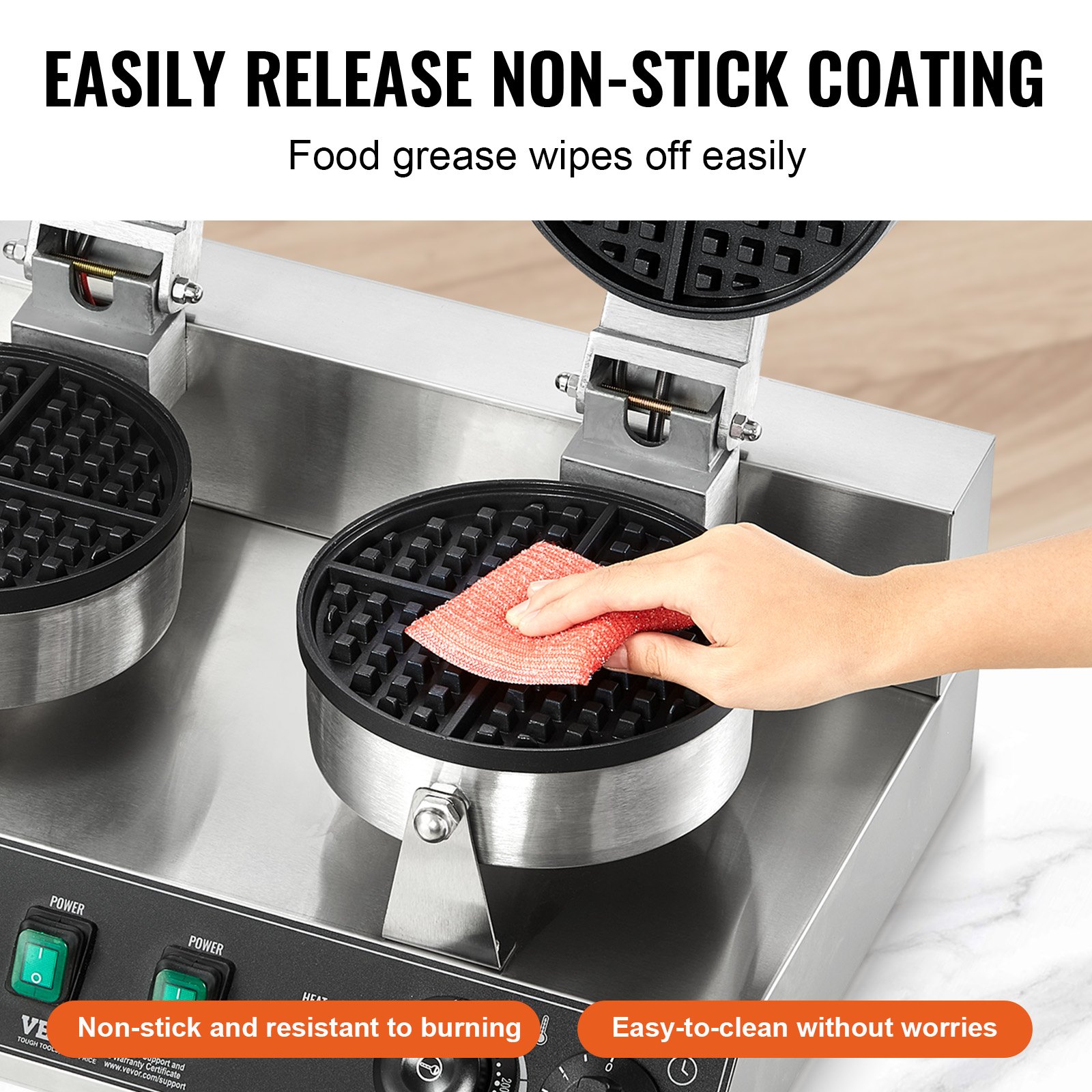 VEVOR Máquina para hacer gofres comerciales, máquina para hacer gofres redondos de doble cabezal, plancha para gofres belgas de acero inoxidable antiadherente de 2460 W con control de temperatura y tiempo, asa, para restaurantes, panaderías, bares y familias
