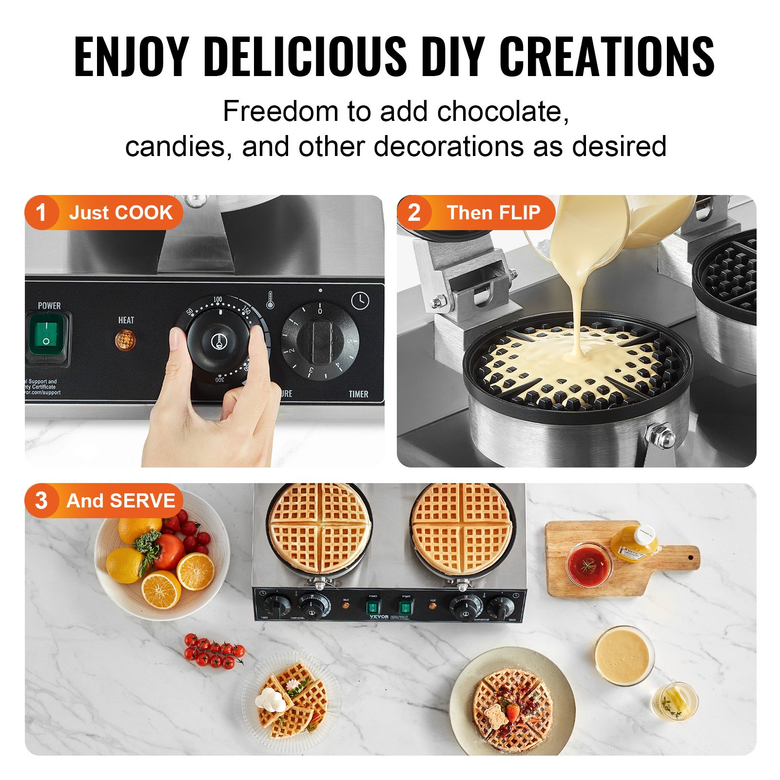 VEVOR Máquina para hacer gofres comerciales, máquina para hacer gofres redondos de doble cabezal, plancha para gofres belgas de acero inoxidable antiadherente de 2460 W con control de temperatura y tiempo, asa, para restaurantes, panaderías, bares y familias