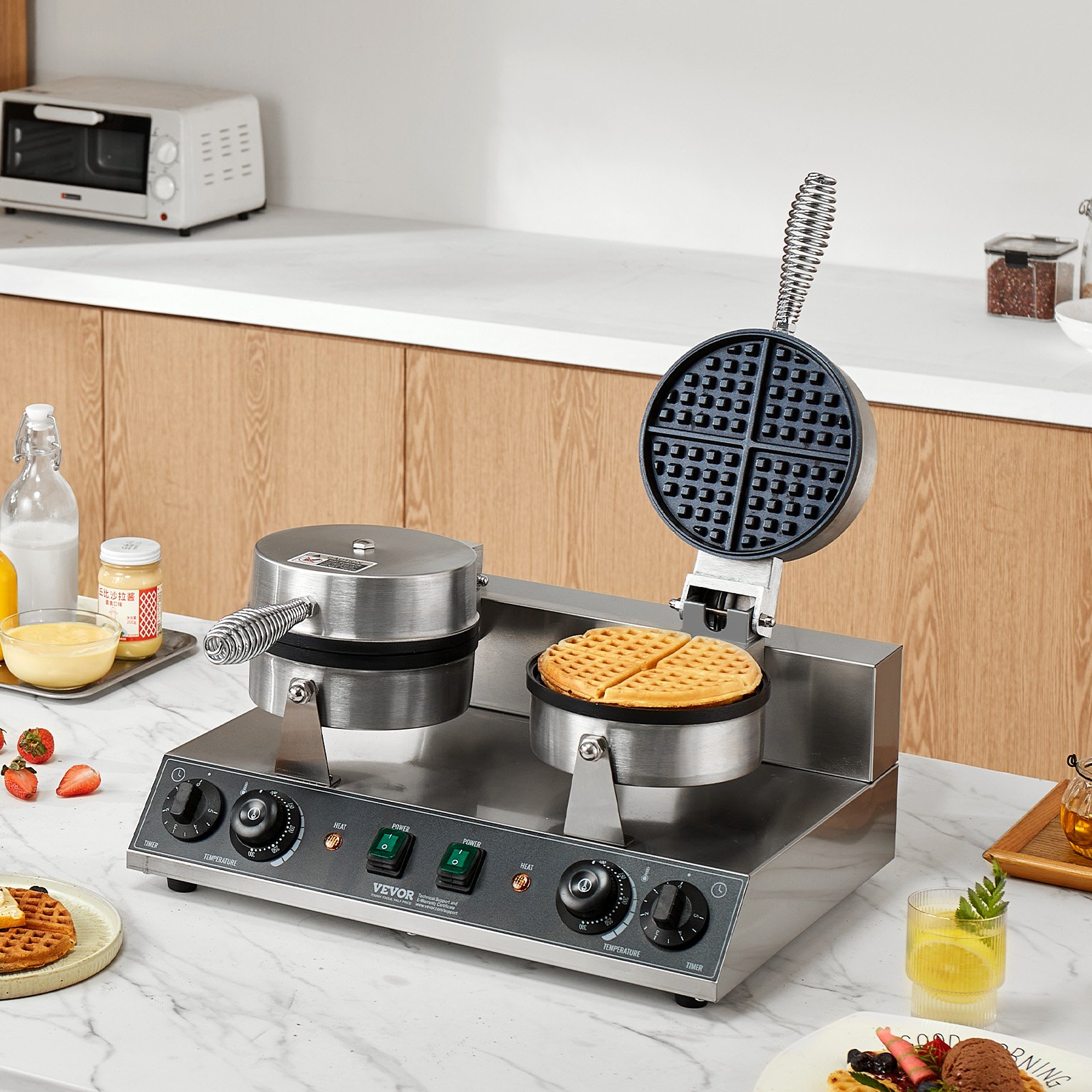 VEVOR Máquina para hacer gofres comerciales, máquina para hacer gofres redondos de doble cabezal, plancha para gofres belgas de acero inoxidable antiadherente de 2460 W con control de temperatura y tiempo, asa, para restaurantes, panaderías, bares y familias