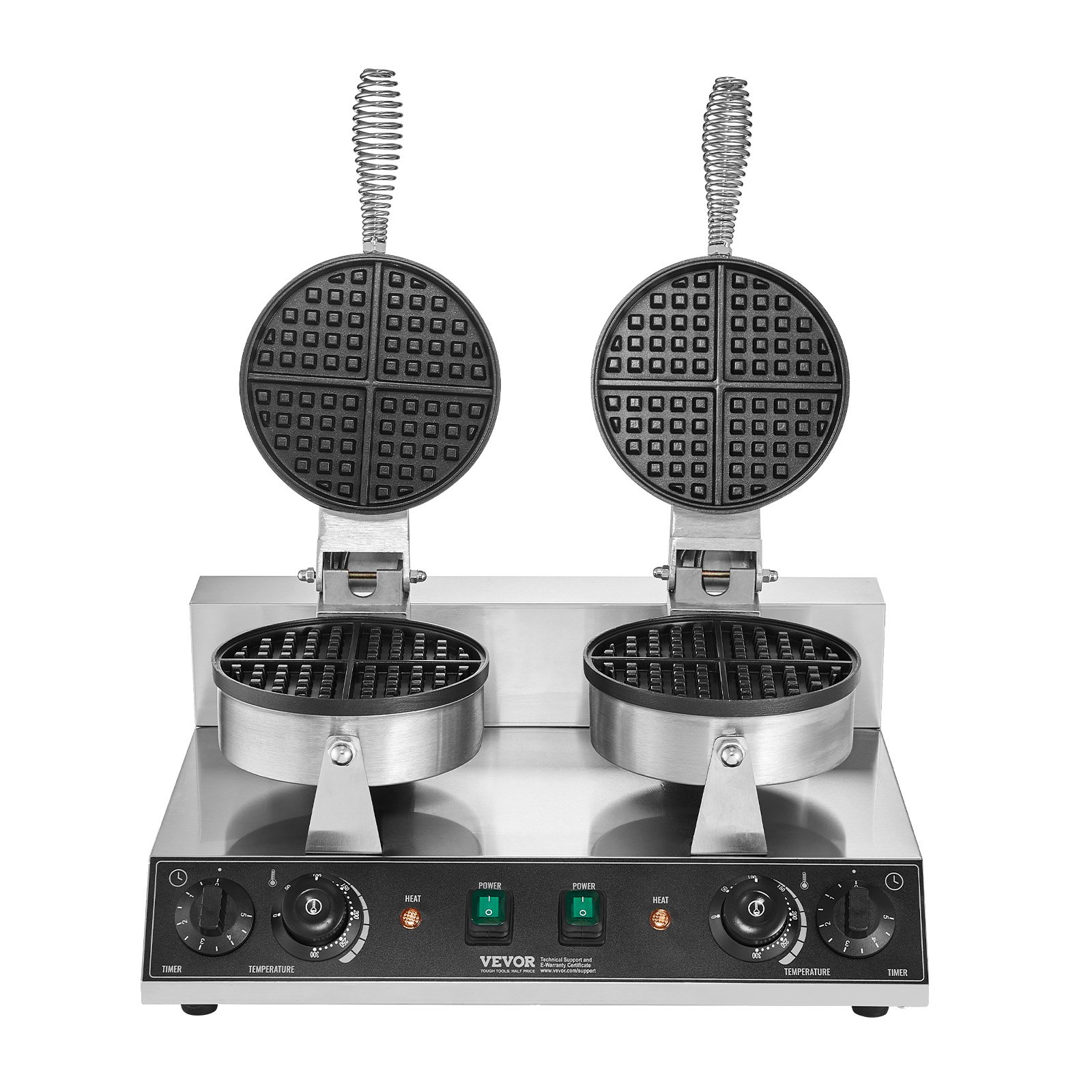 VEVOR Máquina para hacer gofres comerciales, máquina para hacer gofres redondos de doble cabezal, plancha para gofres belgas de acero inoxidable antiadherente de 2460 W con control de temperatura y tiempo, asa, para restaurantes, panaderías, bares y familias