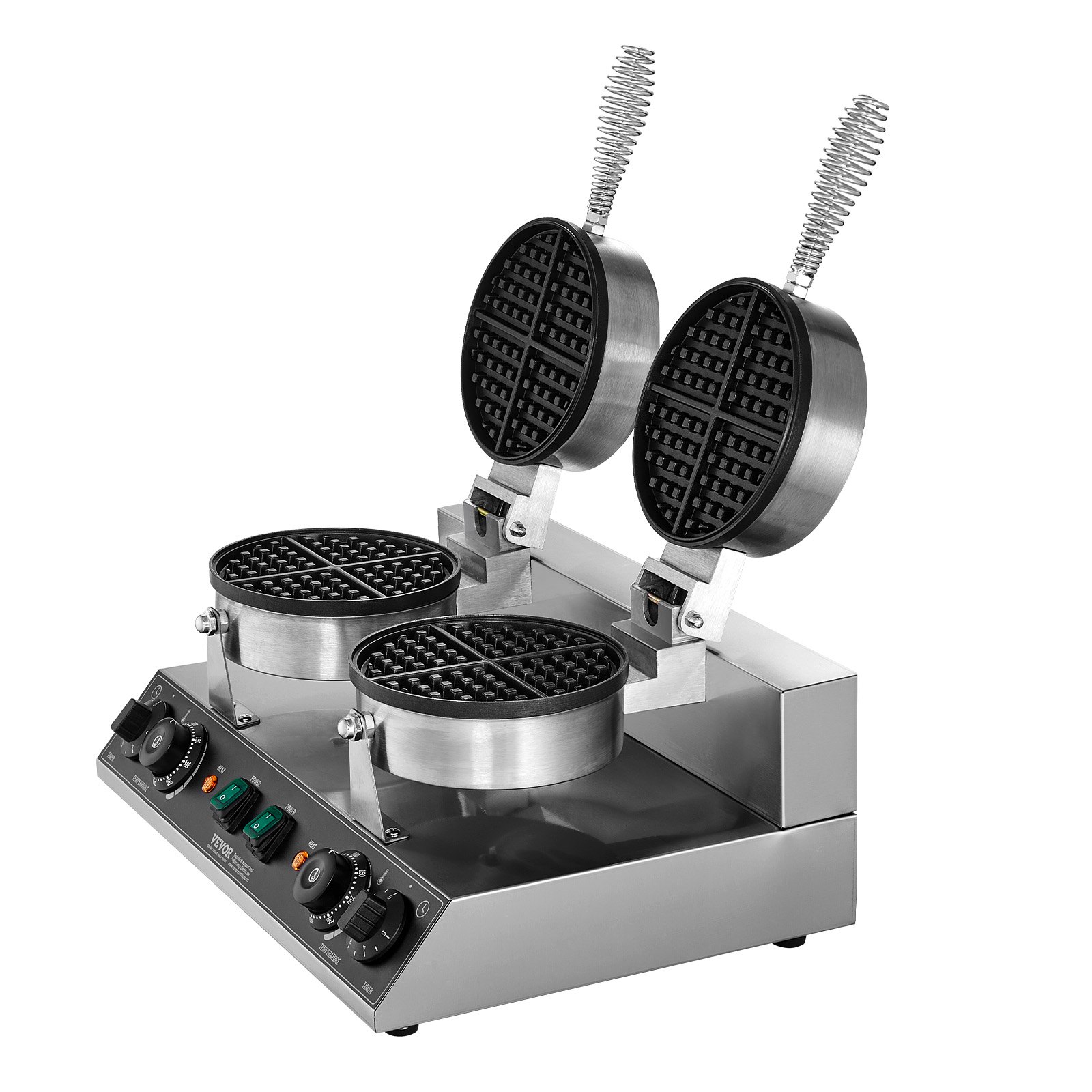 VEVOR Máquina para hacer gofres comerciales, máquina para hacer gofres redondos de doble cabezal, plancha para gofres belgas de acero inoxidable antiadherente de 2460 W con control de temperatura y tiempo, asa, para restaurantes, panaderías, bares y familias