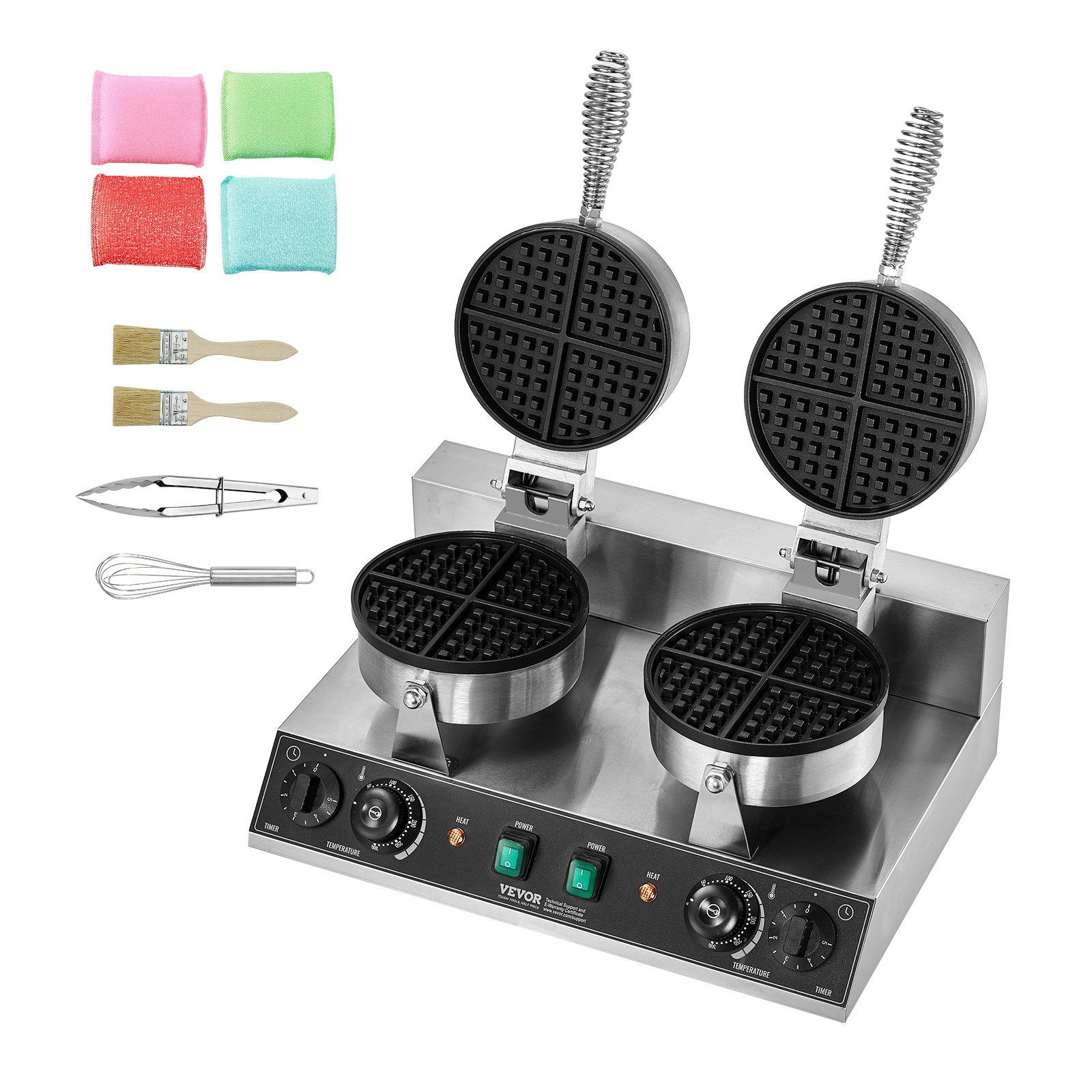 VEVOR Máquina para hacer gofres comerciales, máquina para hacer gofres redondos de doble cabezal, plancha para gofres belgas de acero inoxidable antiadherente de 2460 W con control de temperatura y tiempo, asa, para restaurantes, panaderías, bares y familias