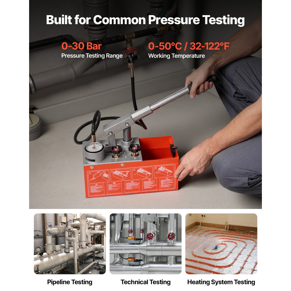 VEVOR Bomba de Prueba de Presión Hidráulica 6,06 L, Manual, Doble Válvula, Rango de prueba de 0-30 bar, con Manómetro y Tanque, Material Resistente, para Sistemas de Tuberías de Agua, Calefacción