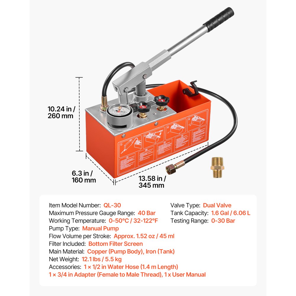 VEVOR Bomba de Prueba de Presión Hidráulica 6,06 L, Manual, Doble Válvula, Rango de prueba de 0-30 bar, con Manómetro y Tanque, Material Resistente, para Sistemas de Tuberías de Agua, Calefacción