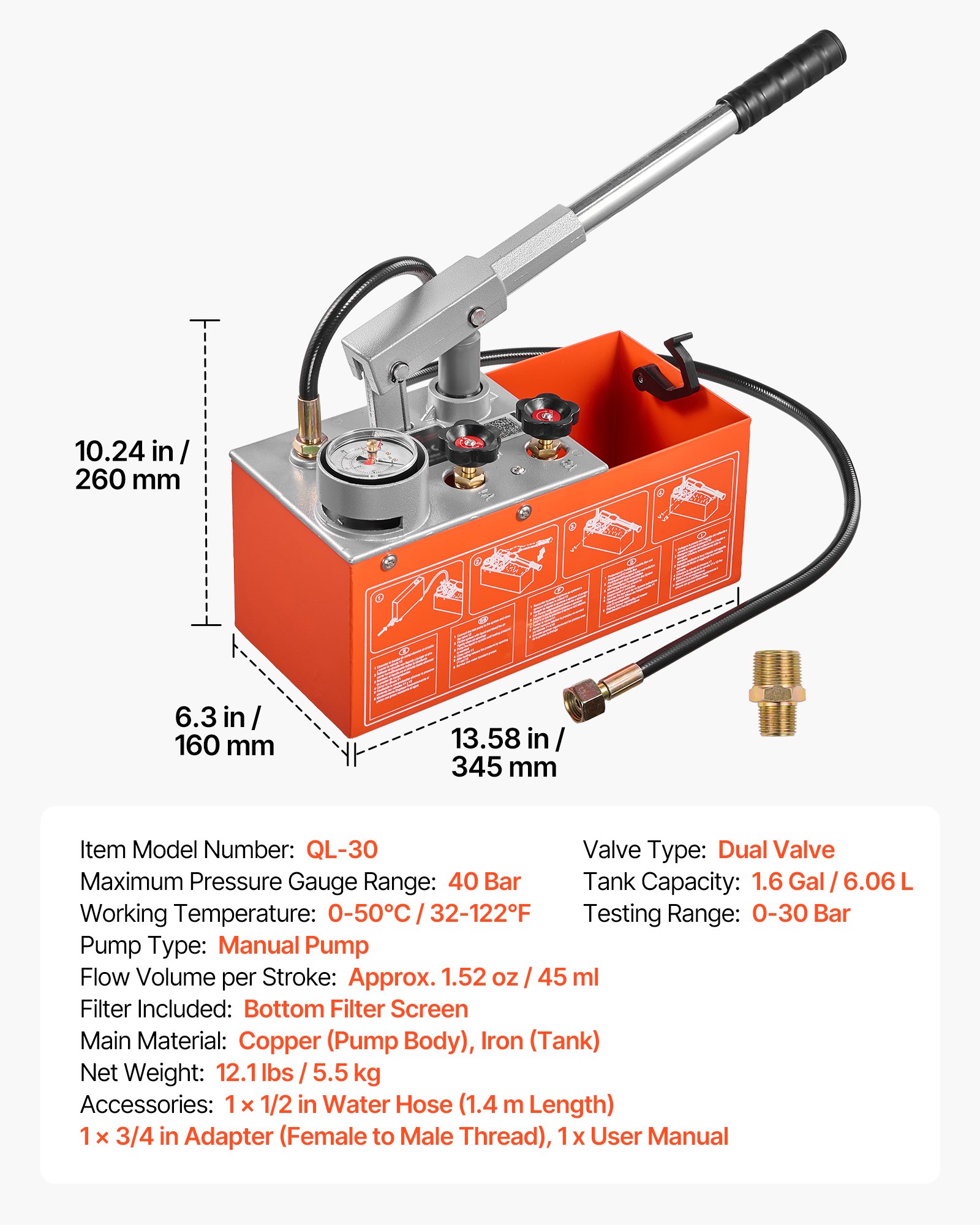 VEVOR Bomba de Prueba de Presión Hidráulica 6,06 L, Manual, Doble Válvula, Rango de prueba de 0-30 bar, con Manómetro y Tanque, Material Resistente, para Sistemas de Tuberías de Agua, Calefacción