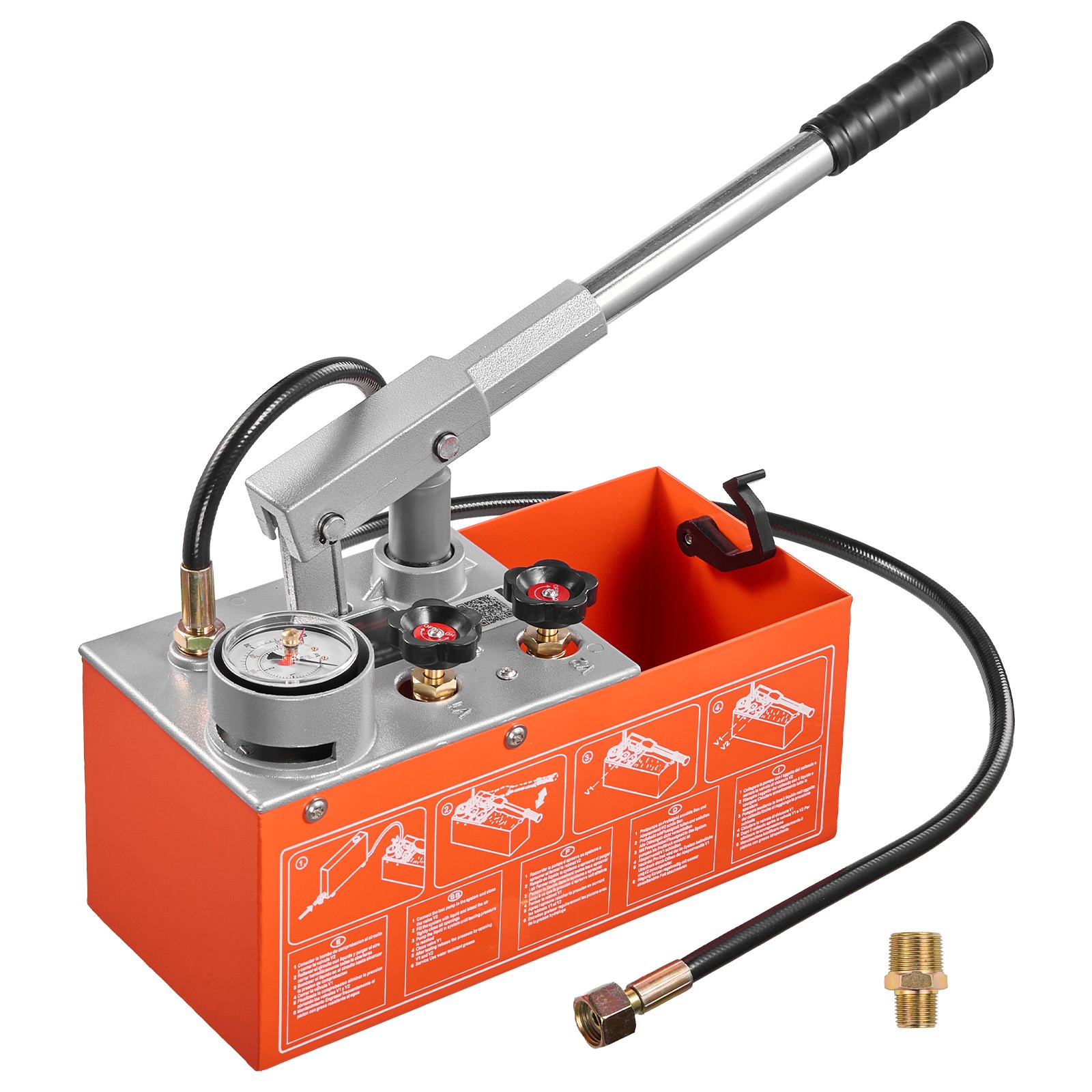 VEVOR Bomba de Prueba de Presión Hidráulica 6,06 L, Manual, Doble Válvula, Rango de prueba de 0-30 bar, con Manómetro y Tanque, Material Resistente, para Sistemas de Tuberías de Agua, Calefacción