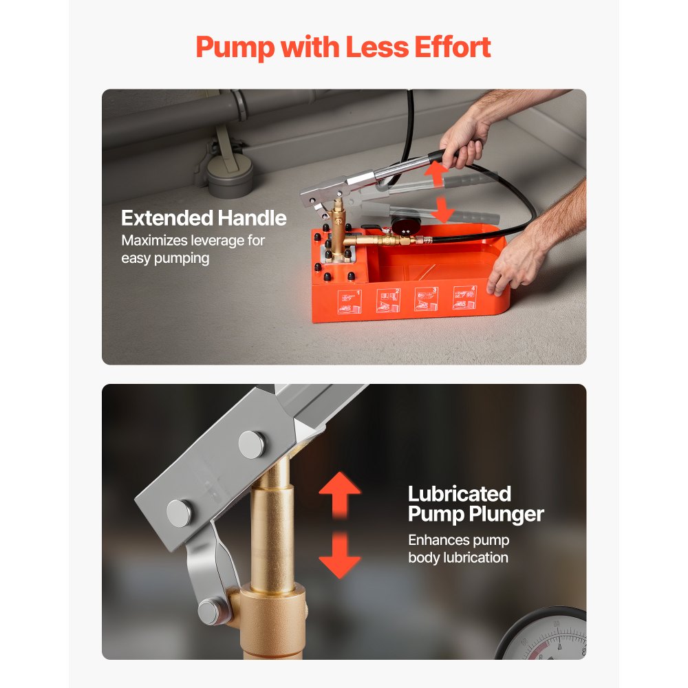 VEVOR Bomba de Prueba de Presión Hidráulica 7,57 L, Manual, Válvula Simple, Rango de prueba de 0-50 bar, con Manómetro y Tanque, Material Resistente, para Sistemas de Tuberías de Agua, Calefacción