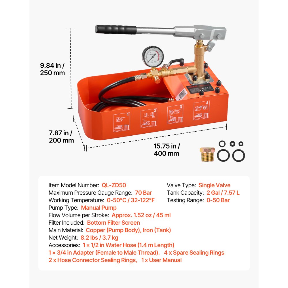 VEVOR Bomba de Prueba de Presión Hidráulica 7,57 L, Manual, Válvula Simple, Rango de prueba de 0-50 bar, con Manómetro y Tanque, Material Resistente, para Sistemas de Tuberías de Agua, Calefacción