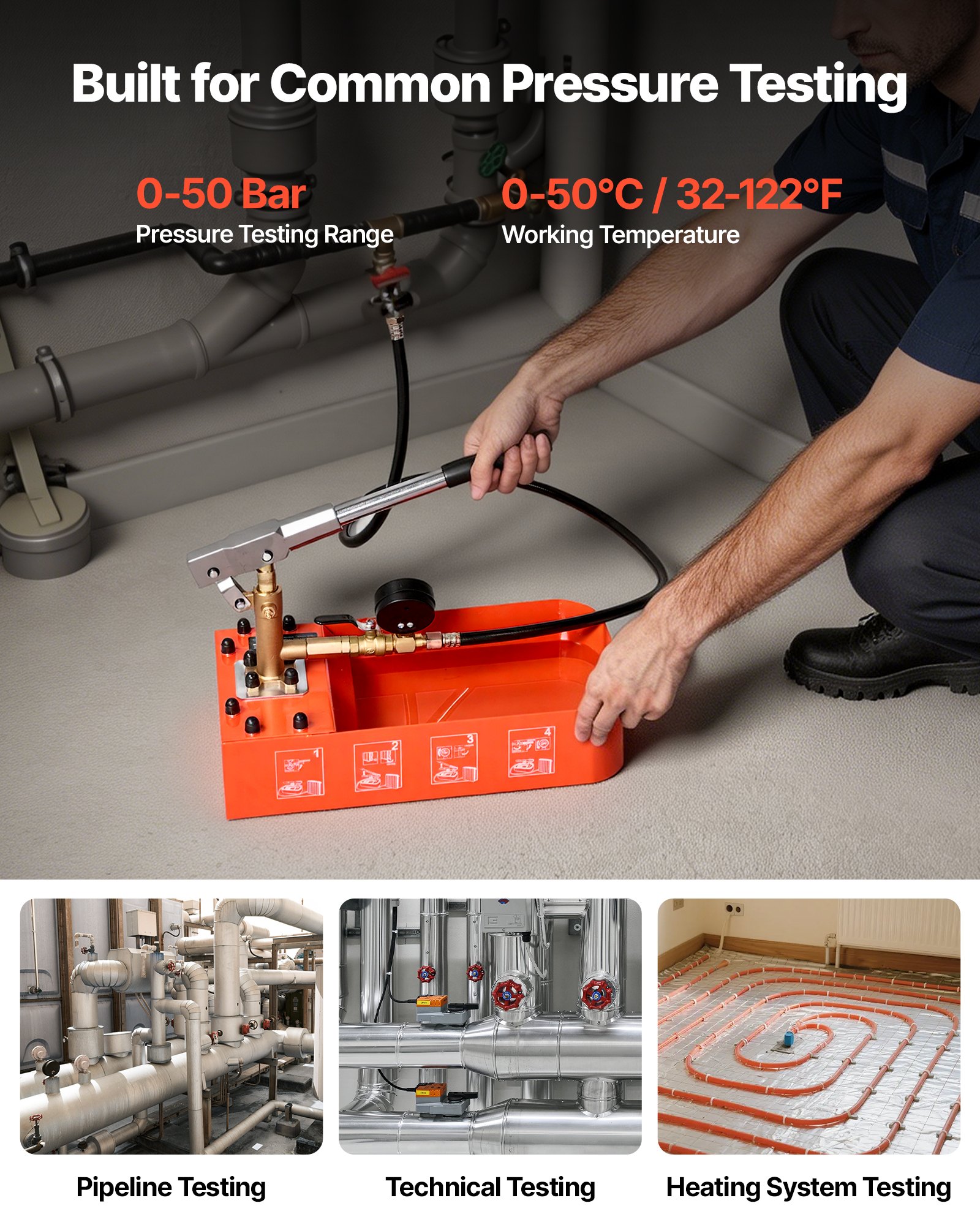 VEVOR Bomba de Prueba de Presión Hidráulica 7,57 L, Manual, Válvula Simple, Rango de prueba de 0-50 bar, con Manómetro y Tanque, Material Resistente, para Sistemas de Tuberías de Agua, Calefacción