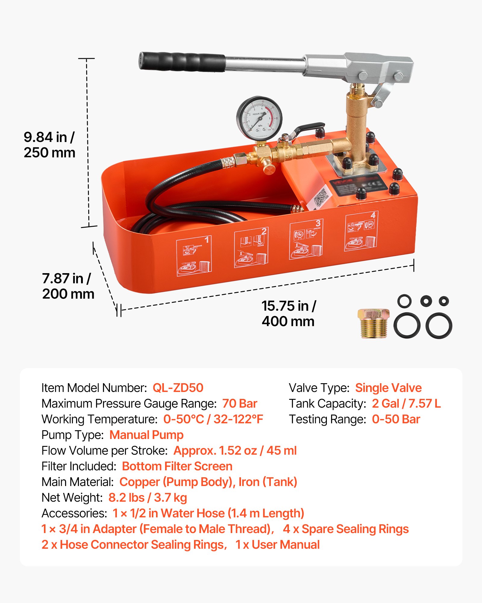 VEVOR Bomba de Prueba de Presión Hidráulica 7,57 L, Manual, Válvula Simple, Rango de prueba de 0-50 bar, con Manómetro y Tanque, Material Resistente, para Sistemas de Tuberías de Agua, Calefacción