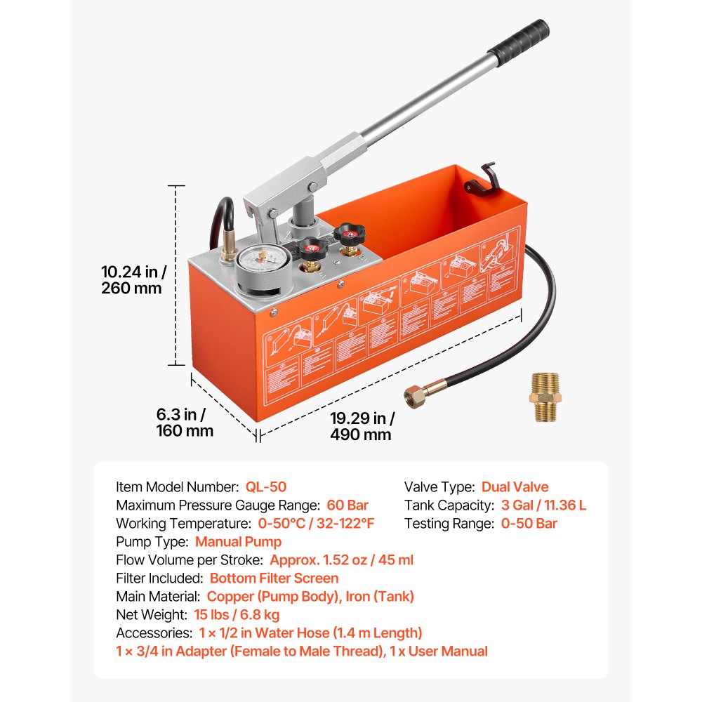 VEVOR Bomba de Prueba de Presión Hidráulica 11,36 L, Manual, Doble Válvula, Rango de prueba de 0-50 bar, con Manómetro y Tanque, Material Resistente, para Sistemas de Tuberías de Agua, Calefacción
