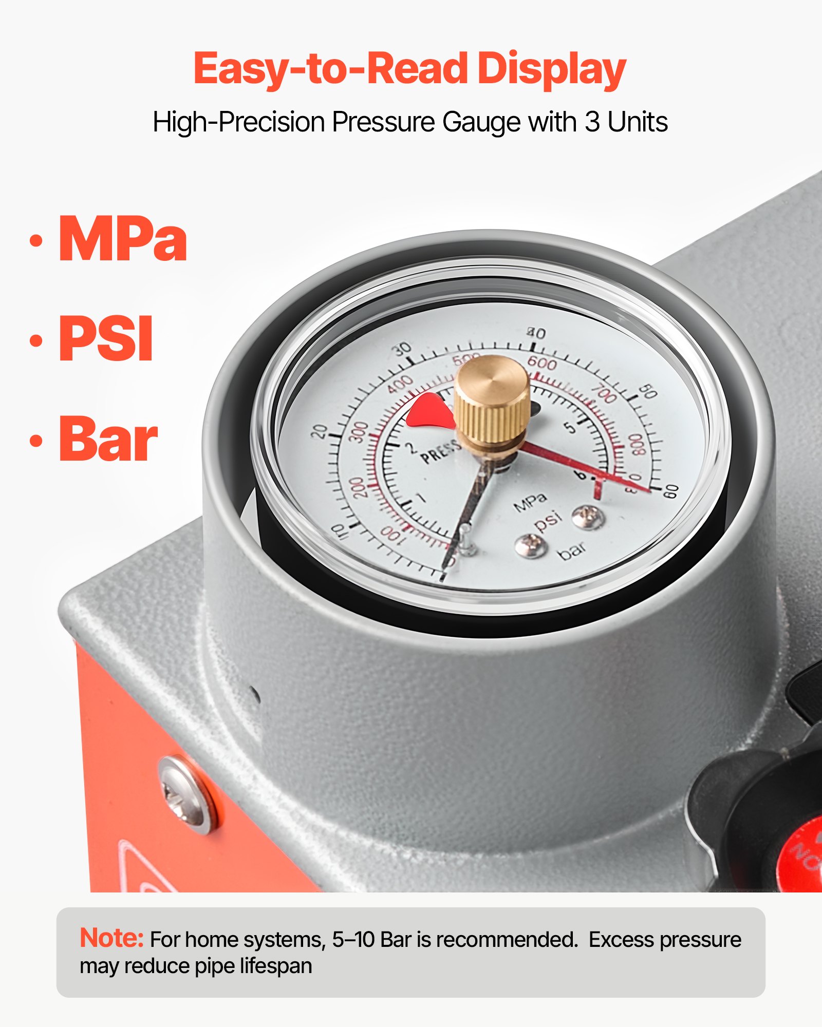 VEVOR Bomba de Prueba de Presión Hidráulica 11,36 L, Manual, Doble Válvula, Rango de prueba de 0-50 bar, con Manómetro y Tanque, Material Resistente, para Sistemas de Tuberías de Agua, Calefacción