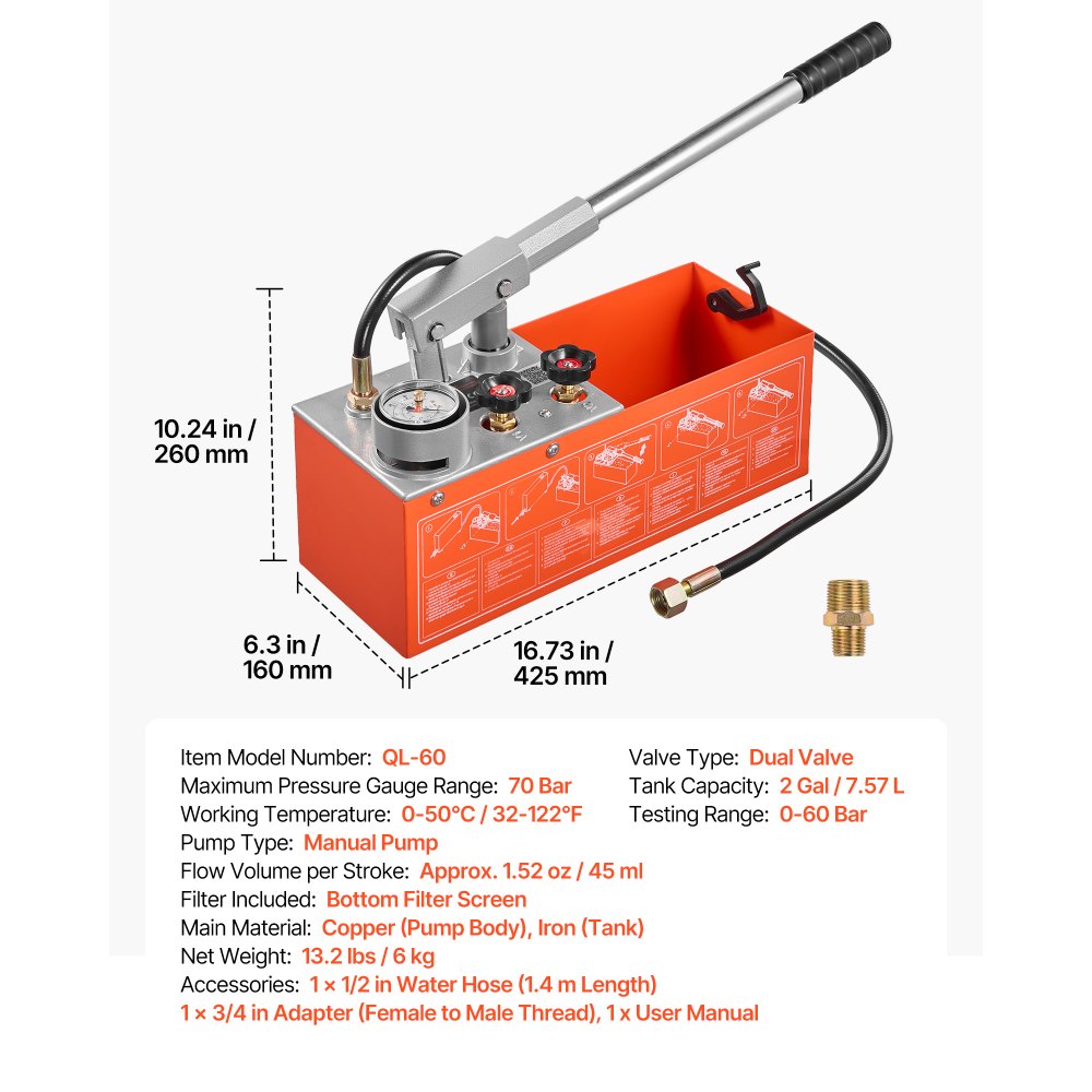 VEVOR Bomba de Prueba de Presión Hidráulica 7,57 L, Manual, Doble Válvula, Rango de prueba de 0-60 bar, con Manómetro y Tanque, Material Resistente, para Sistemas de Tuberías de Agua, Calefacción