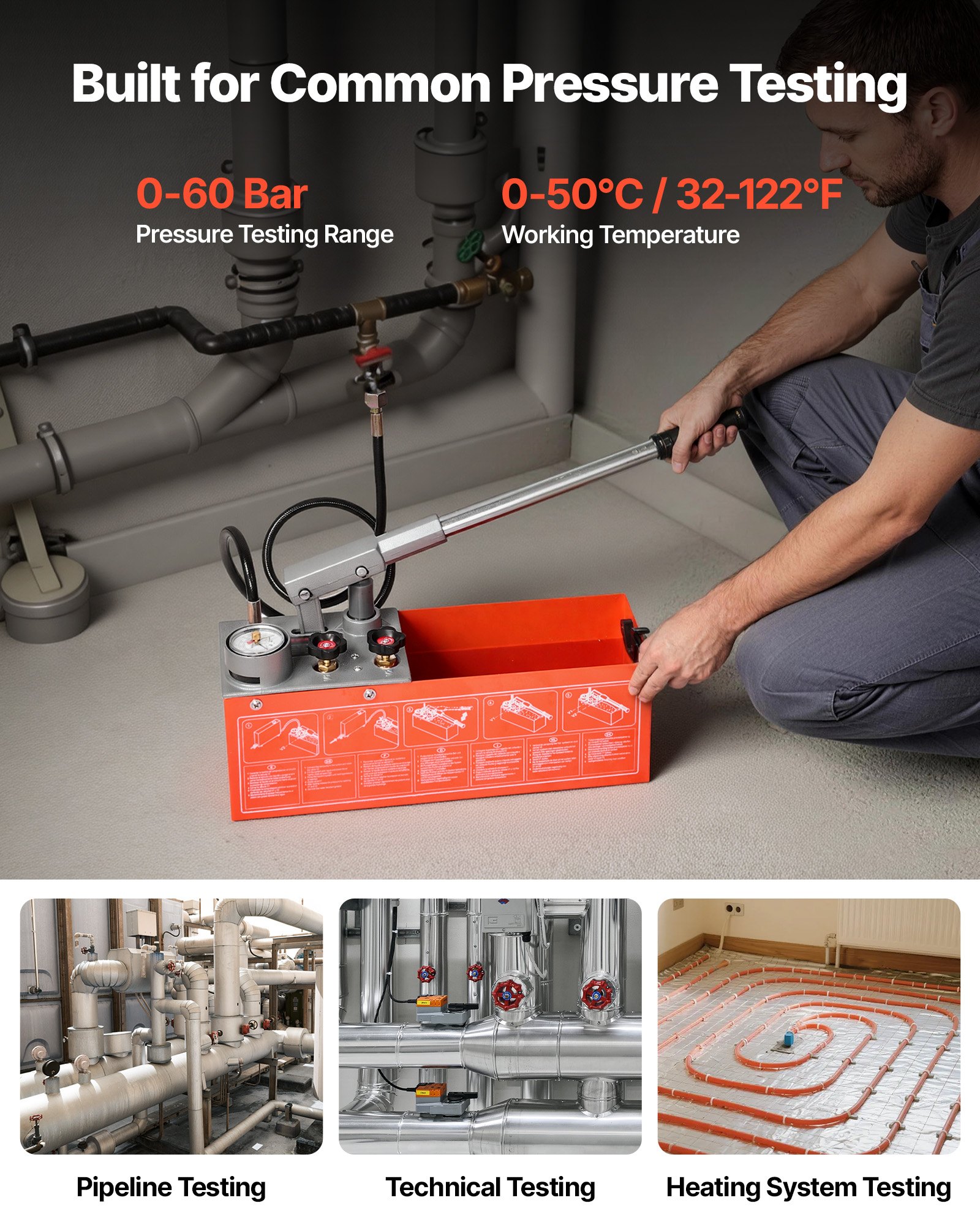 VEVOR Bomba de Prueba de Presión Hidráulica 7,57 L, Manual, Doble Válvula, Rango de prueba de 0-60 bar, con Manómetro y Tanque, Material Resistente, para Sistemas de Tuberías de Agua, Calefacción