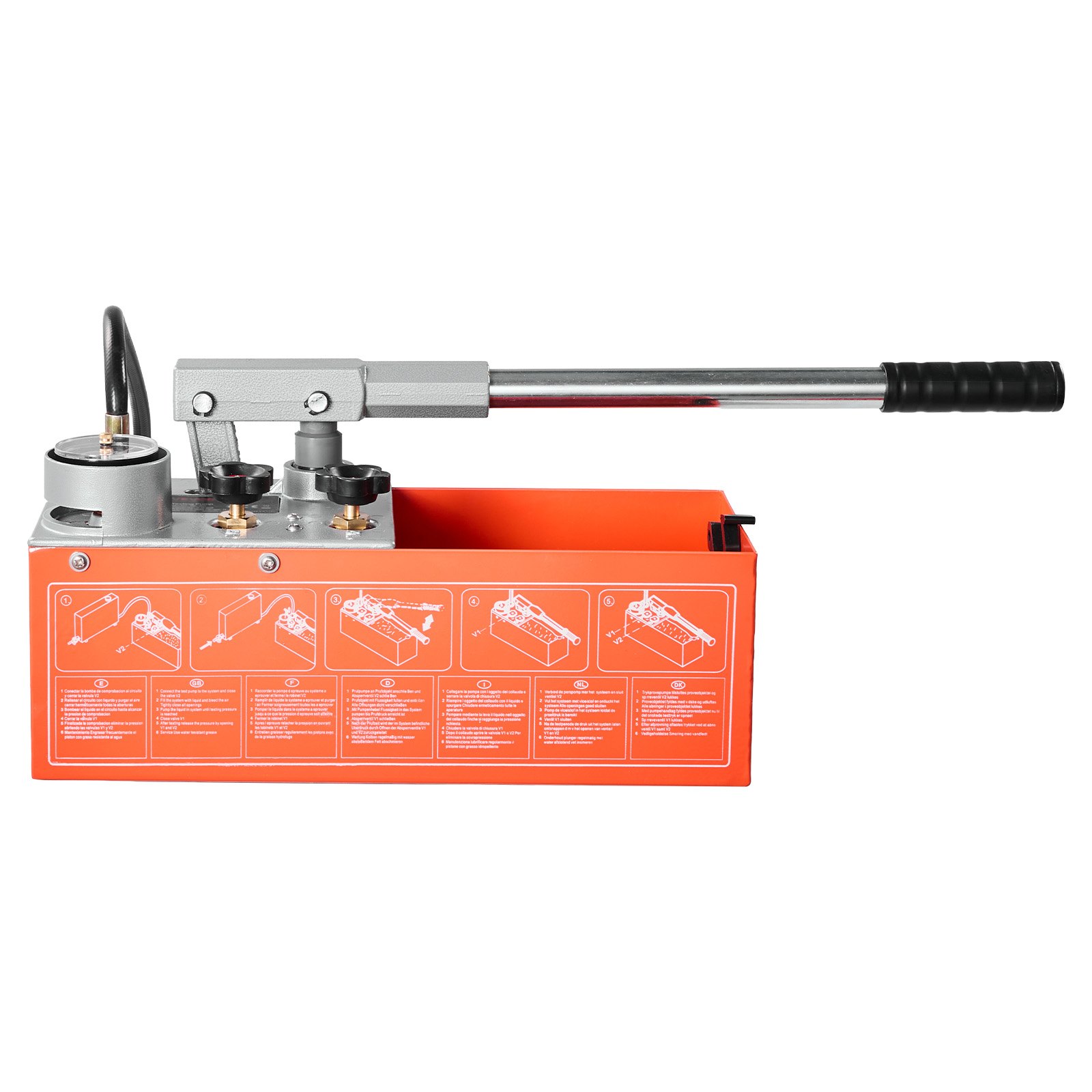 VEVOR Bomba de Prueba de Presión Hidráulica 7,57 L, Manual, Doble Válvula, Rango de prueba de 0-60 bar, con Manómetro y Tanque, Material Resistente, para Sistemas de Tuberías de Agua, Calefacción