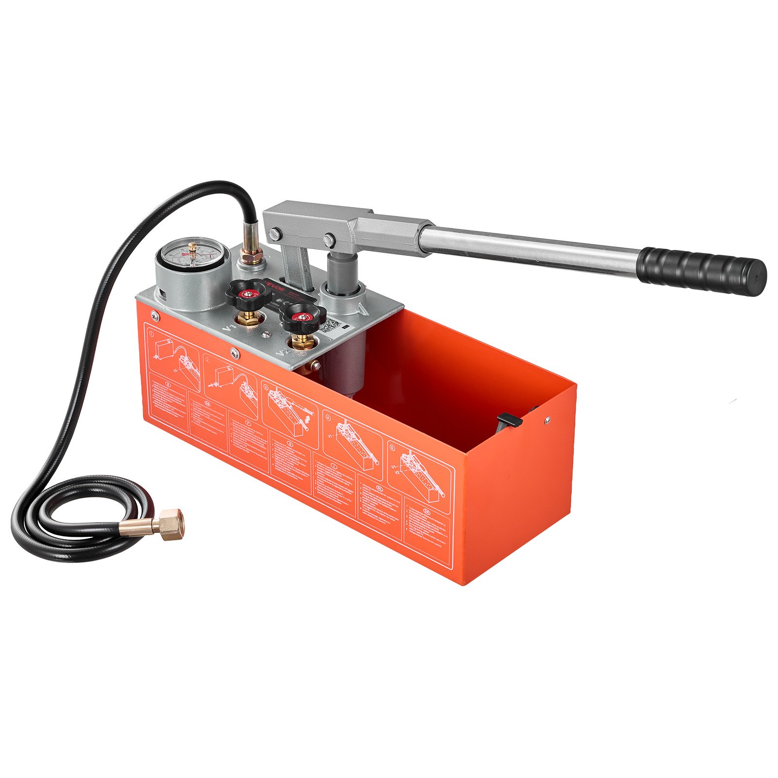VEVOR Bomba de Prueba de Presión Hidráulica 7,57 L, Manual, Doble Válvula, Rango de prueba de 0-60 bar, con Manómetro y Tanque, Material Resistente, para Sistemas de Tuberías de Agua, Calefacción