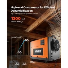 VEVOR Deshumidificador 50 L, Portátil, de Metal, Industrial, con Manguera Drenaje y Pantalla LED, para Sótanos, Lavanderías y Trasteros, Descongelación y Drenaje Automáticos, 520 x 355 x 350 mm