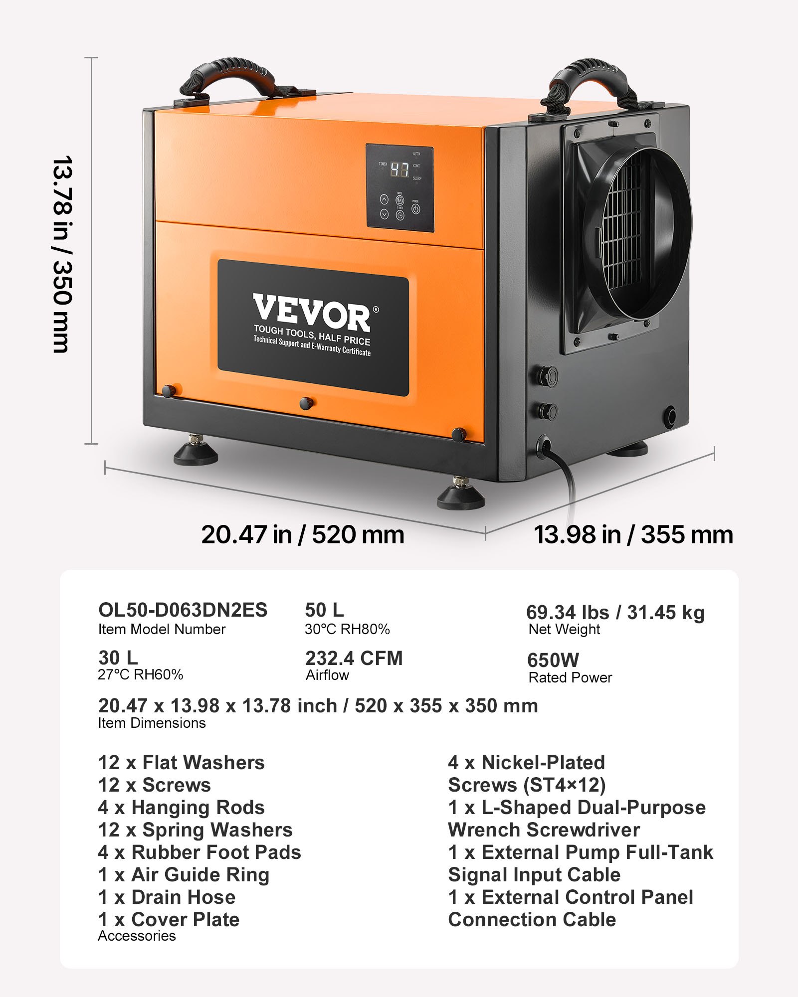 VEVOR Deshumidificador 50 L, Portátil, de Metal, Industrial, con Manguera Drenaje y Pantalla LED, para Sótanos, Lavanderías y Trasteros, Descongelación y Drenaje Automáticos, 520 x 355 x 350 mm