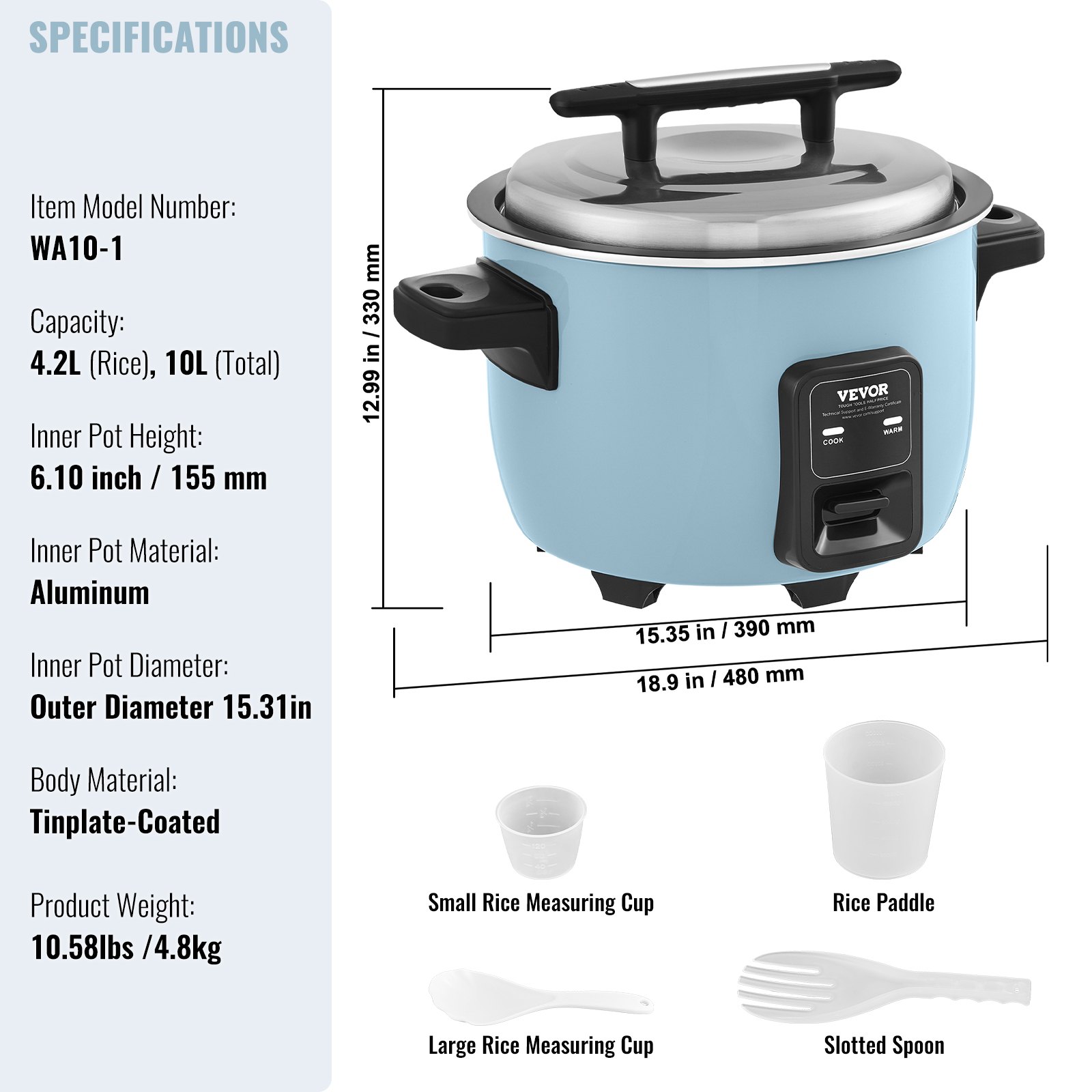 VEVOR Olla Arrocera Comercial de 23 Tazas 4,2 L Calentador con Olla Interior Antiadherente Cocción Rápida y Mantenimiento del Calor durante 24 Horas con Taza y Paleta para Arroz, 480 x 390 x 330 mm
