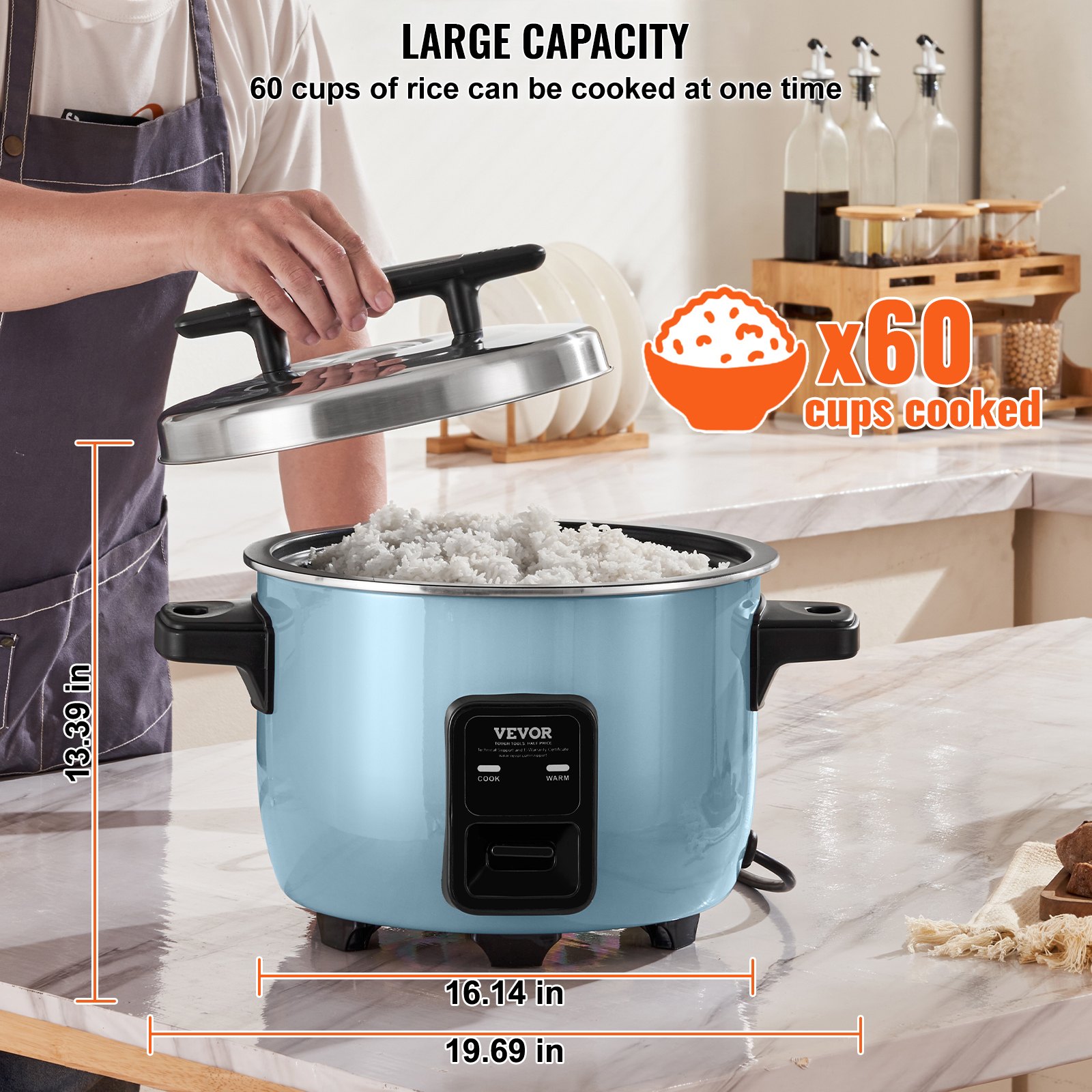 VEVOR Olla Arrocera Comercial de 30 Tazas, 5,6 L y Calentador con Olla Interior Antiadherente, Cocción Rápida y Mantenimiento del Calor durante 24 Horas, Taza y Paleta de Arroz, 500 x 410 x 340 mm