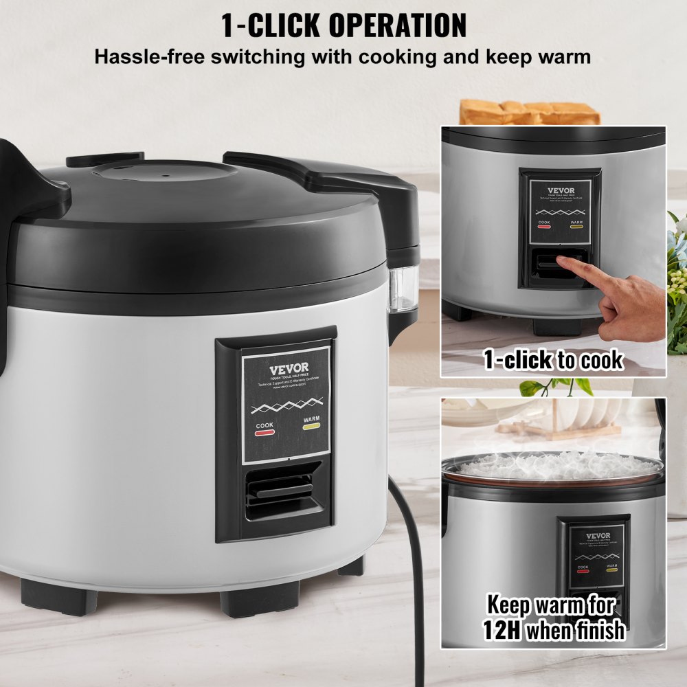 Olla arrocera comercial VEVOR, olla arrocera de 60 tazas, olla arrocera grande de 13 litros y calentador con olla interior antiadherente, cocción rápida y mantenimiento del calor durante 12 horas, con taza de arroz y paleta, para restaurante