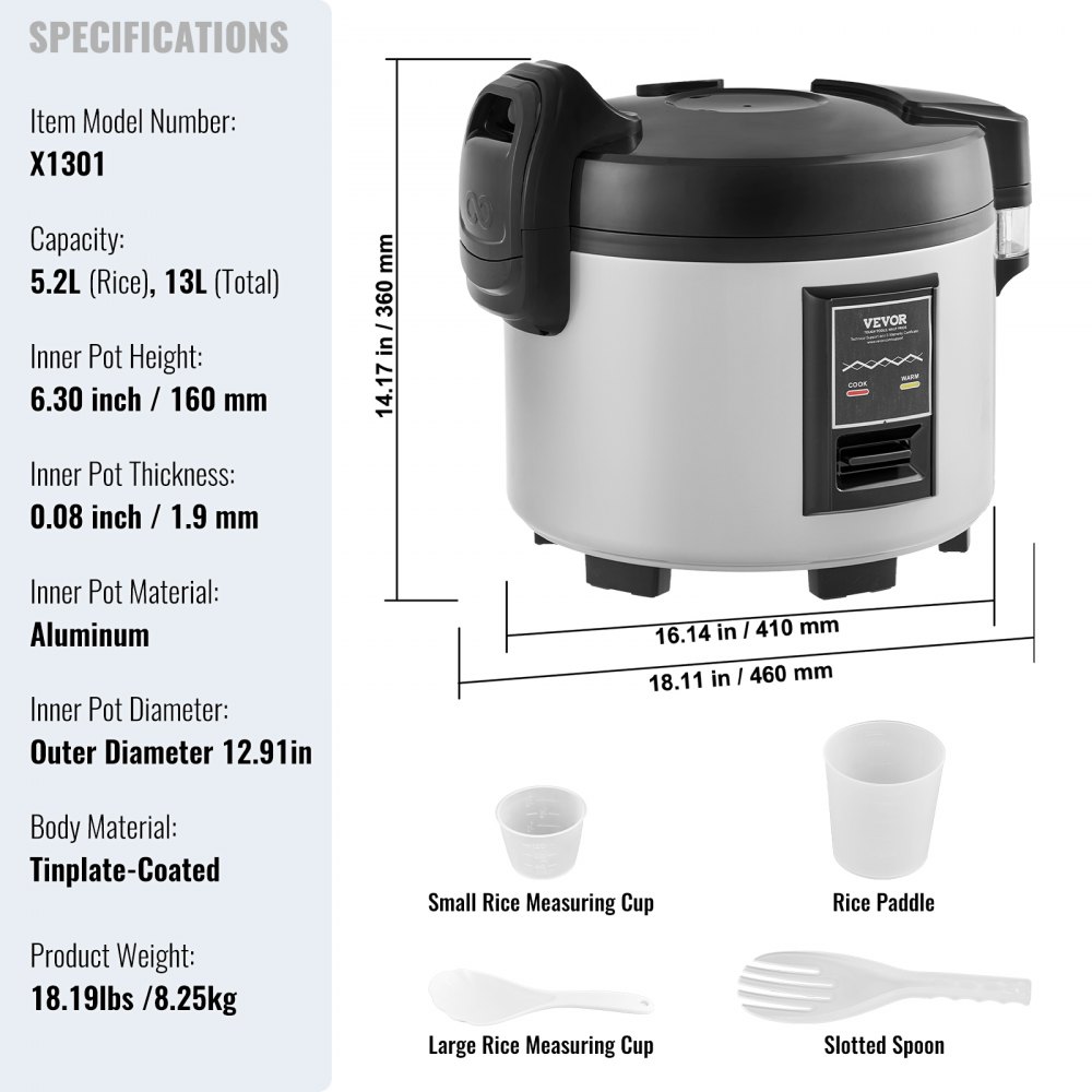 Olla arrocera comercial VEVOR, olla arrocera de 60 tazas, olla arrocera grande de 13 litros y calentador con olla interior antiadherente, cocción rápida y mantenimiento del calor durante 12 horas, con taza de arroz y paleta, para restaurante