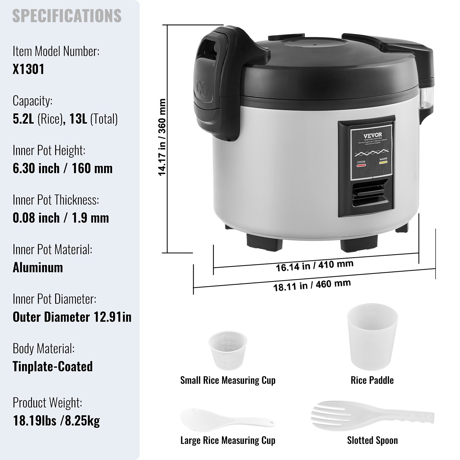 Olla arrocera comercial VEVOR, olla arrocera de 60 tazas, olla arrocera grande de 13 litros y calentador con olla interior antiadherente, cocción rápida y mantenimiento del calor durante 12 horas, con taza de arroz y paleta, para restaurante