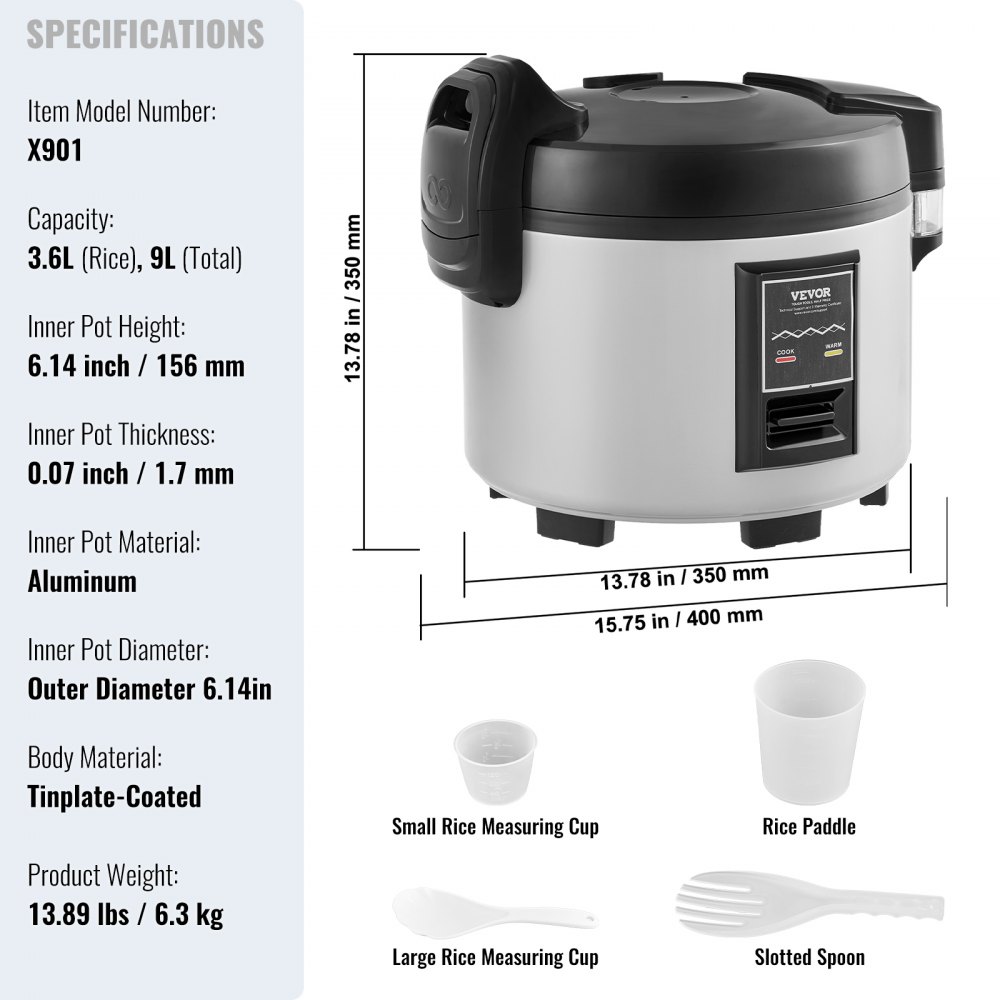 VEVOR Olla Arrocera Comercial de 20 Tazas, 3,6 L, Calentador con Olla Interior Antiadherente, Cocción Rápida y Mantenimiento del Calor durante 12 Horas, Taza de Arroz y Paleta, 400 x 350 x 350 mm