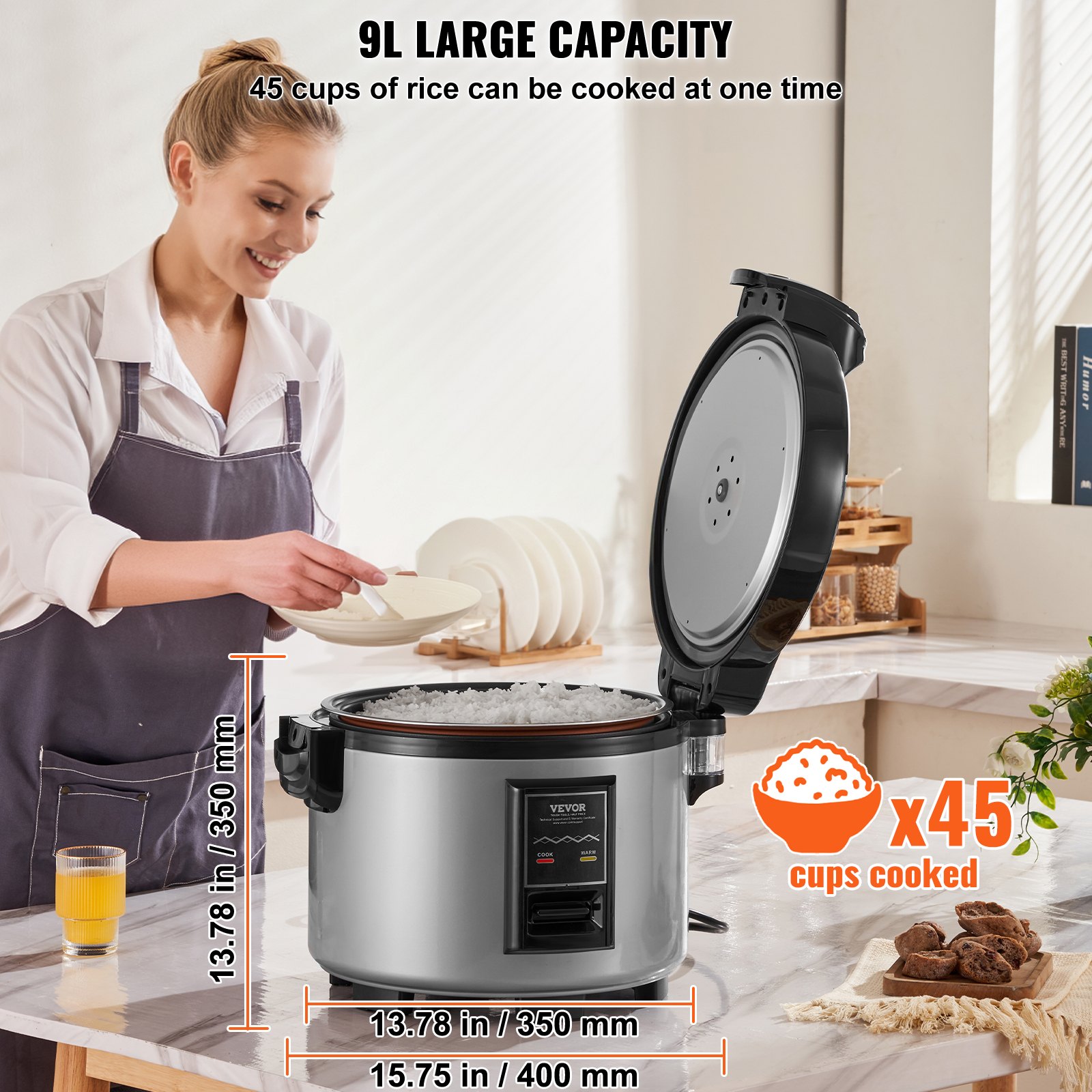 VEVOR Olla Arrocera Comercial de 20 Tazas, 3,6 L, Calentador con Olla Interior Antiadherente, Cocción Rápida y Mantenimiento del Calor durante 12 Horas, Taza de Arroz y Paleta, 400 x 350 x 350 mm