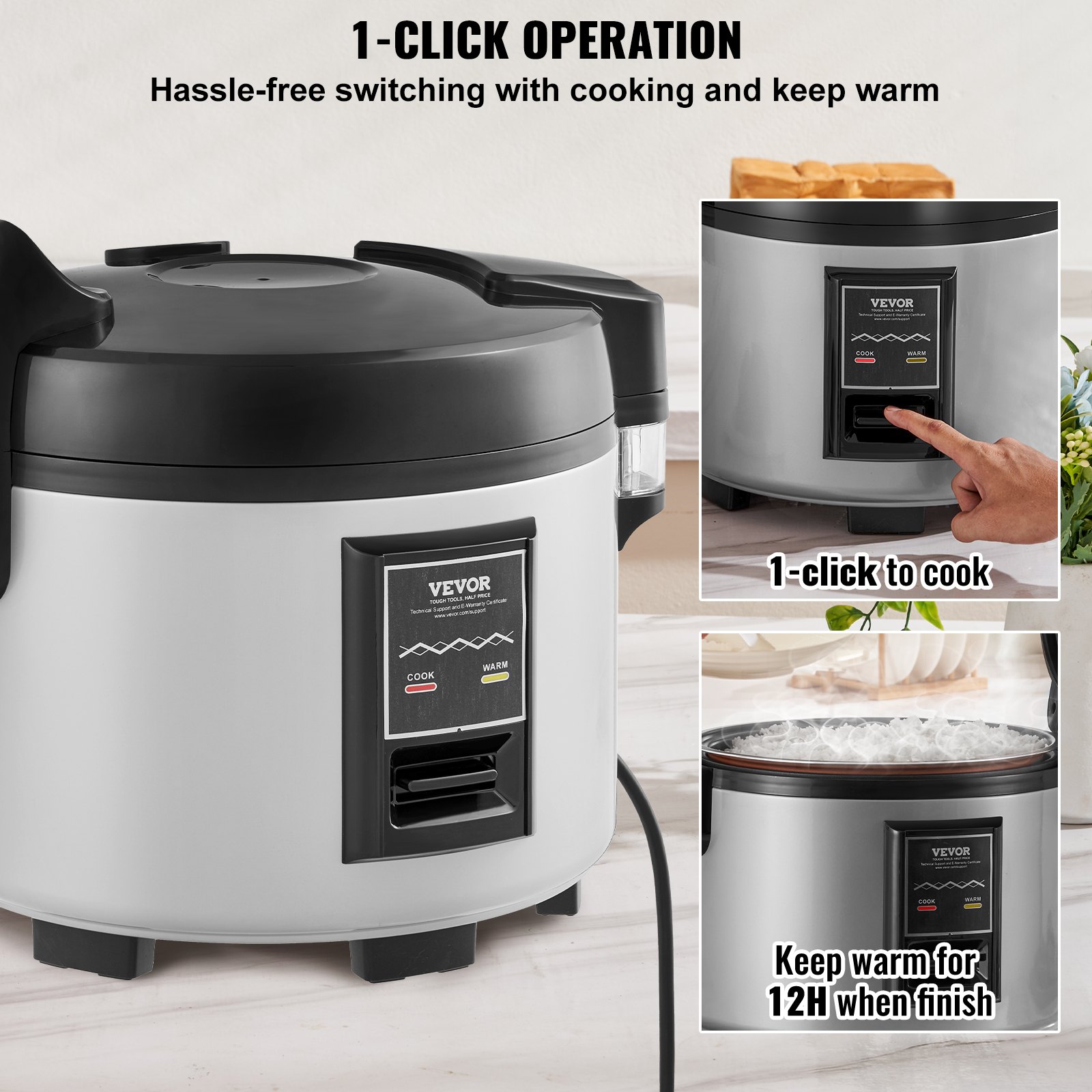 VEVOR Olla Arrocera Comercial de 20 Tazas, 3,6 L, Calentador con Olla Interior Antiadherente, Cocción Rápida y Mantenimiento del Calor durante 12 Horas, Taza de Arroz y Paleta, 400 x 350 x 350 mm