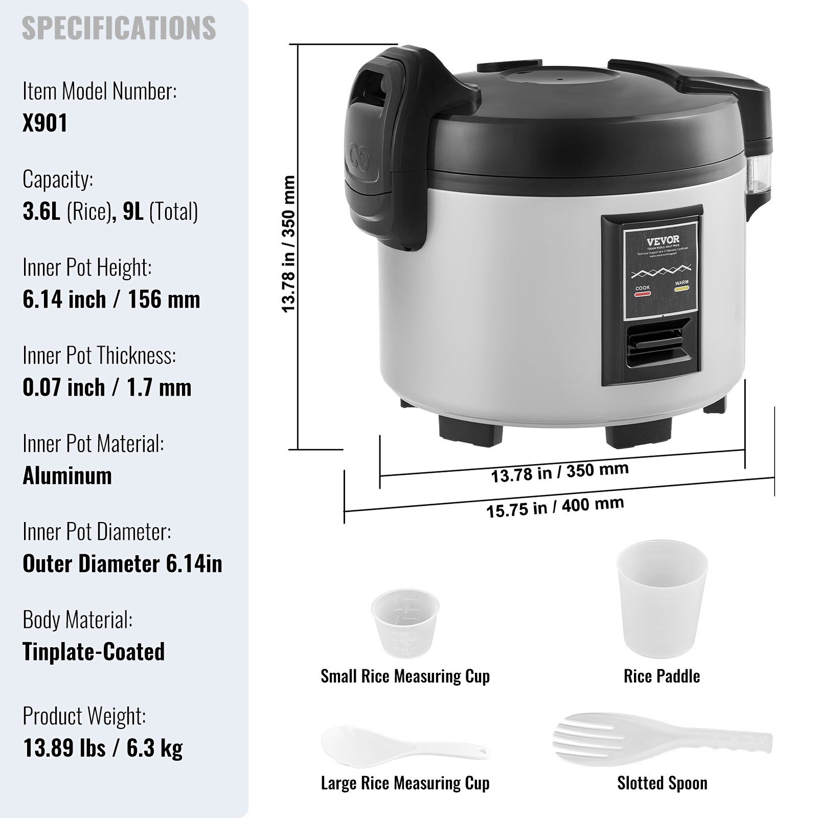 VEVOR Olla Arrocera Comercial de 20 Tazas, 3,6 L, Calentador con Olla Interior Antiadherente, Cocción Rápida y Mantenimiento del Calor durante 12 Horas, Taza de Arroz y Paleta, 400 x 350 x 350 mm