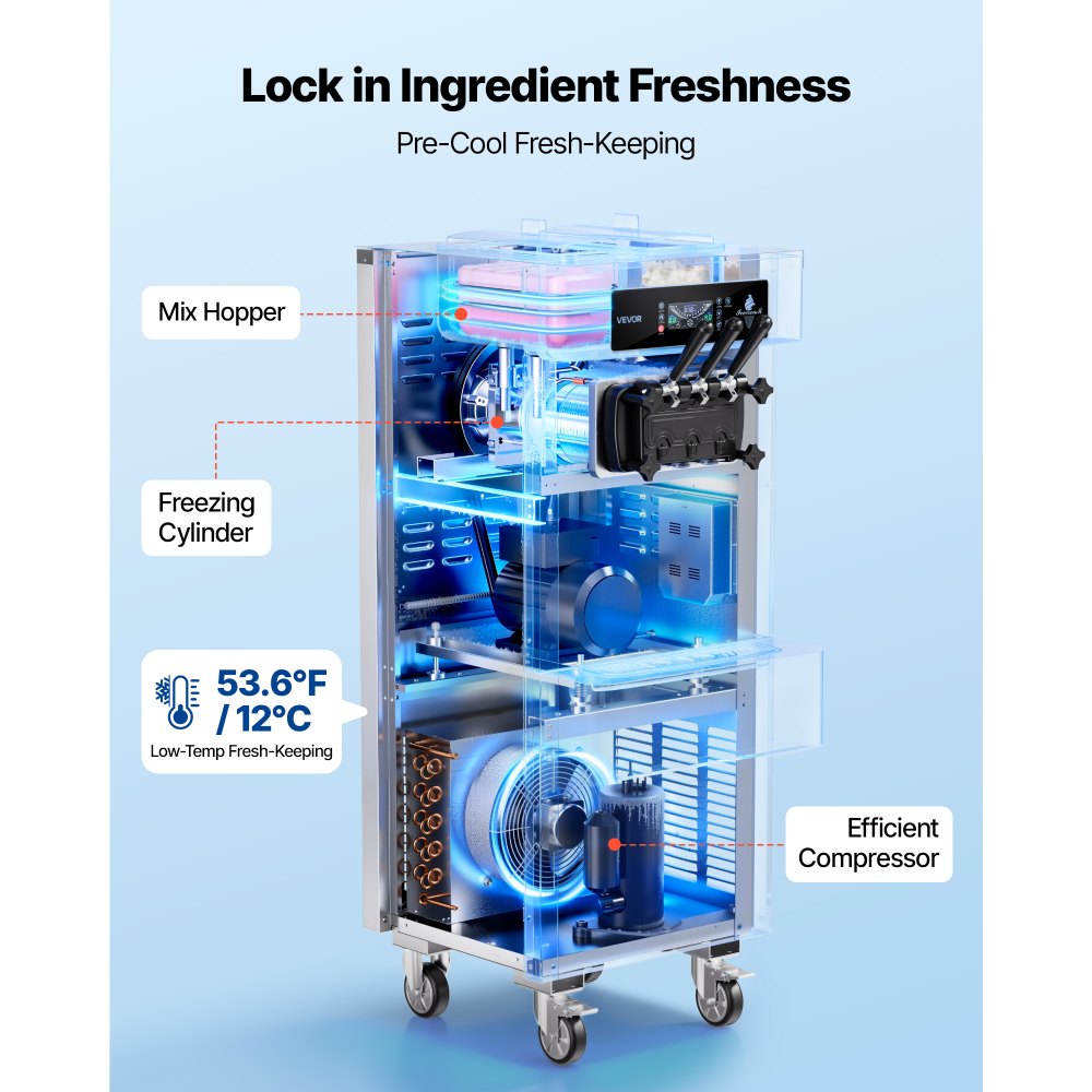 VEVOR Máquina de Helados Comercial 3 Sabores 1800 W Caudal de 20-28 L/h, Máquina para Hacer Helados 2 Tolvas de 6 L Independiente, Preenfriamiento con Alerta de Mezcla Baja para Restaurante, Tienda