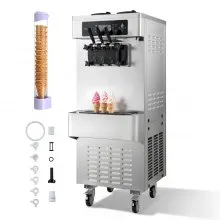 VEVOR Máquina de Helados Comercial 3 Sabores 1800 W Caudal de 20-28 L/h, Máquina para Hacer Helados 2 Tolvas de 6 L Independiente, Preenfriamiento con Alerta de Mezcla Baja para Restaurante, Tienda