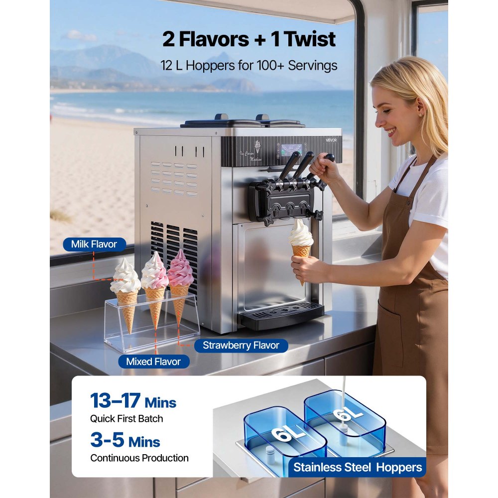 VEVOR Máquina de Helado Suave Comercial 3 Sabores 2200 W, Caudal de 20-28 L/h, Máquina para Hacer Helados Sobremesa con 2 Tolvas de 6 L, Agitación de Tolva, Preenfriado y Autolimpieza para Tiendas