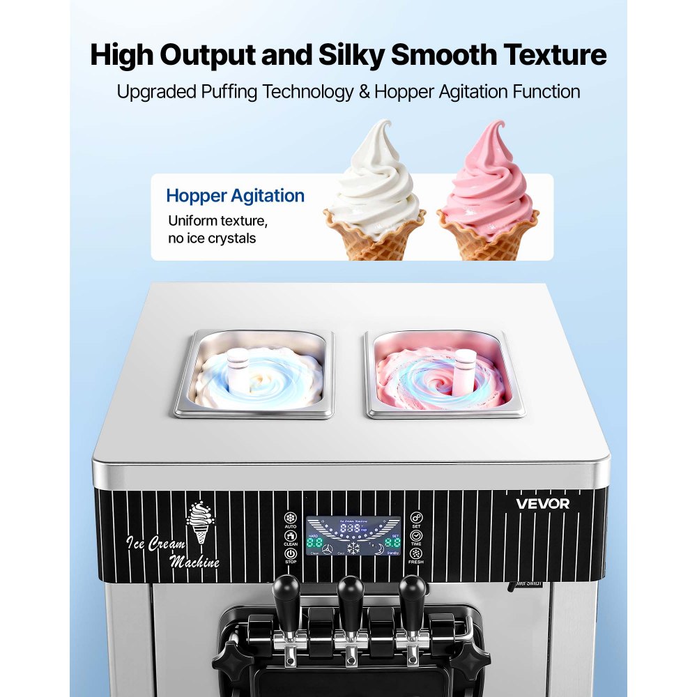 VEVOR Máquina de Helado Suave Comercial 3 Sabores 2200 W, Caudal de 20-28 L/h, Máquina para Hacer Helados Sobremesa con 2 Tolvas de 6 L, Agitación de Tolva, Preenfriado y Autolimpieza para Tiendas
