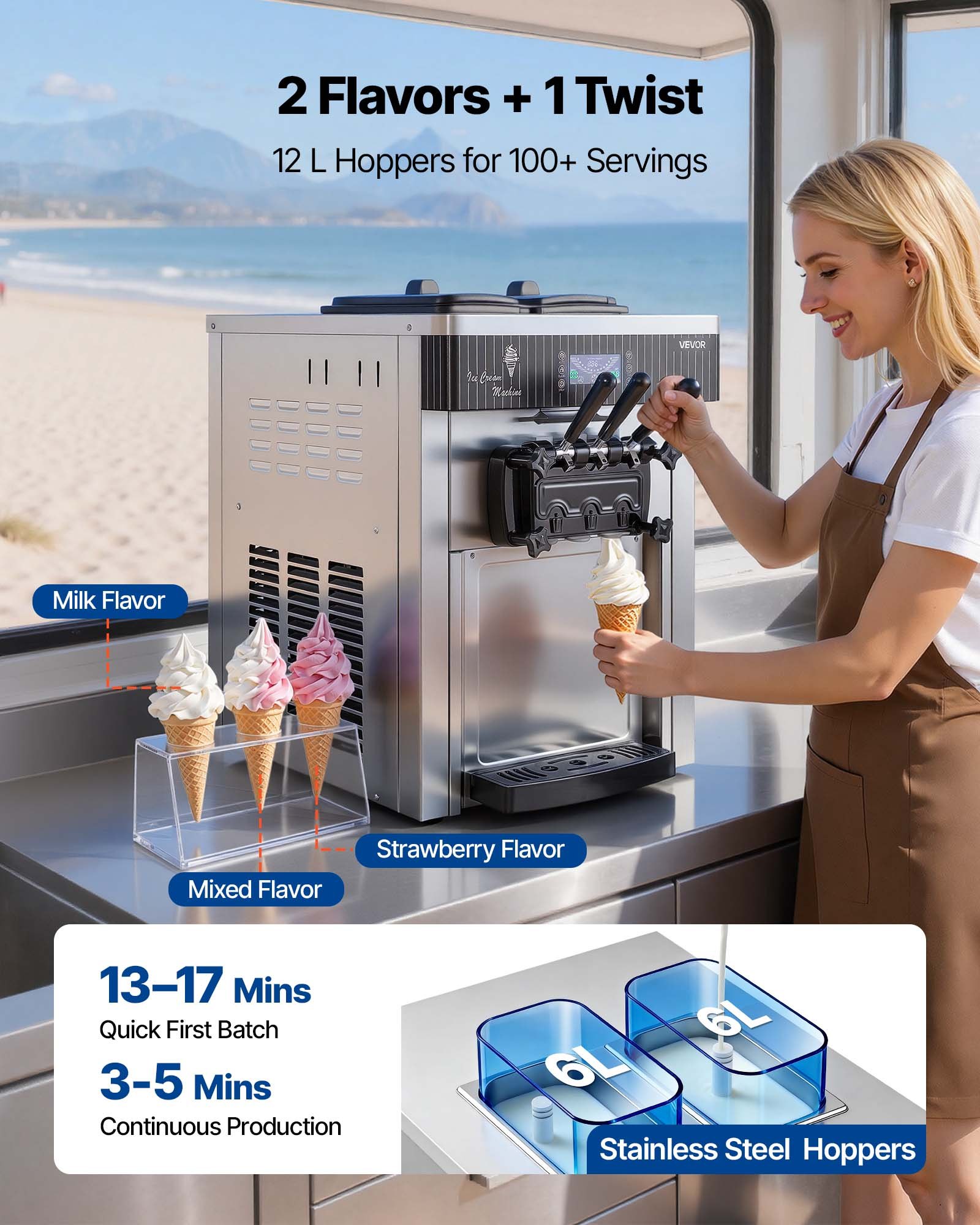 VEVOR Máquina de Helado Suave Comercial 3 Sabores 2200 W, Caudal de 20-28 L/h, Máquina para Hacer Helados Sobremesa con 2 Tolvas de 6 L, Agitación de Tolva, Preenfriado y Autolimpieza para Tiendas
