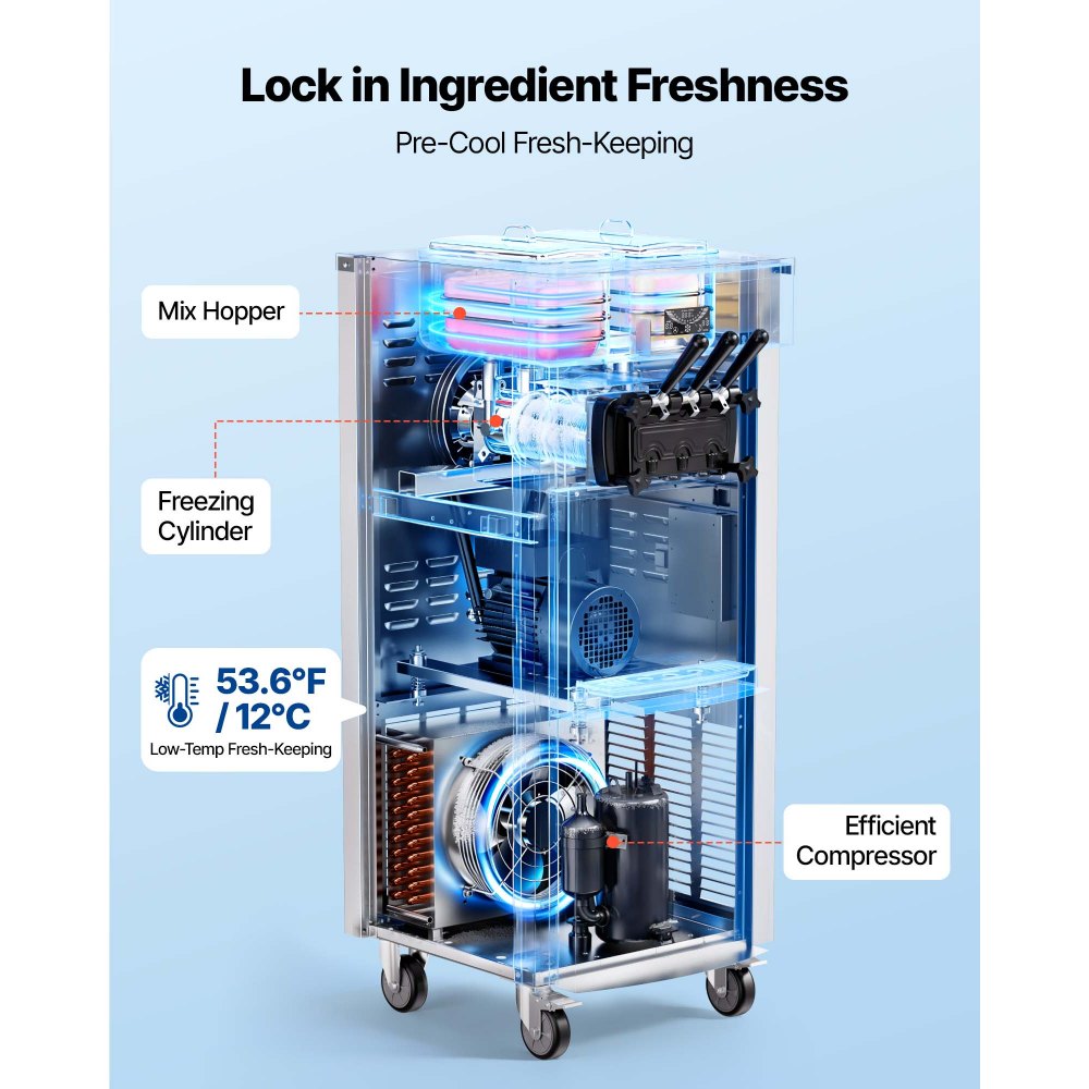 VEVOR Máquina de Helado Suave Comercial 3 Sabores 2200 W Caudal de 20-28 L/h, Máquina Independiente para Hacer Helados con 2 Tolvas de 6 L, Preenfriado y Autolimpieza para Tiendas de Postres