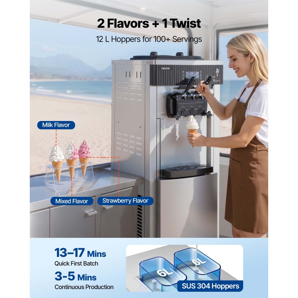 VEVOR Máquina de Helado Suave Comercial 3 Sabores 2200 W Caudal de 20-28 L/h, Máquina Independiente para Hacer Helados con 2 Tolvas de 6 L, Preenfriado y Autolimpieza para Tiendas de Postres