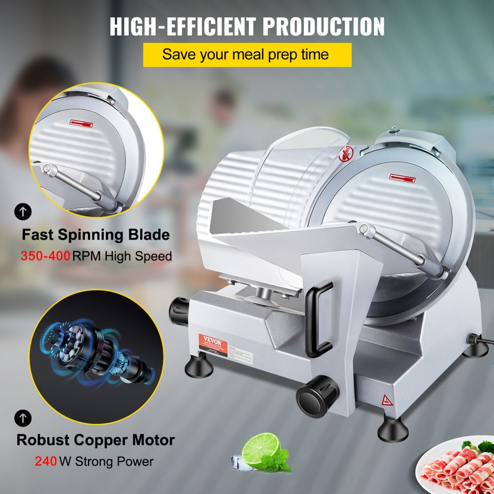 VEVOR Cortadora Eléctrica Comercial 240 W Cortadora de Jamón Hoja de 250 mm 350-400 rpm Cortadora de Embutidos en Acero Inoxidable y Aluminio para Cortar Carne Queso Verduras Fruta