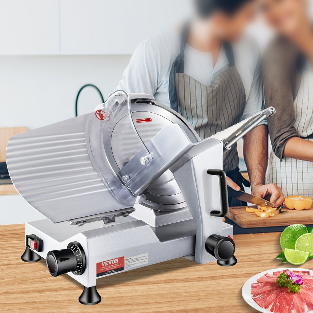 VEVOR Cortadora Eléctrica Comercial 240 W Cortadora de Jamón Hoja de 250 mm 350-400 rpm Cortadora de Embutidos en Acero Inoxidable y Aluminio para Cortar Carne Queso Verduras Fruta