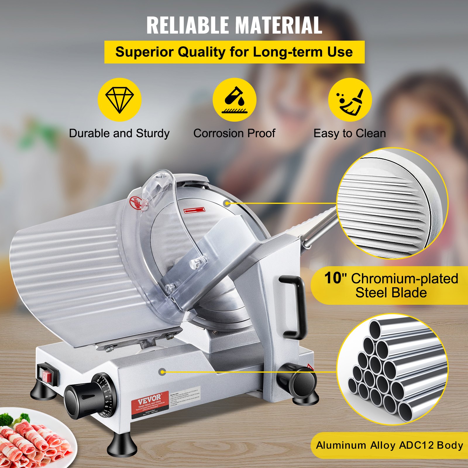 VEVOR Cortadora Eléctrica Comercial 240 W Cortadora de Jamón Hoja de 250 mm 350-400 rpm Cortadora de Embutidos en Acero Inoxidable y Aluminio para Cortar Carne Queso Verduras Fruta