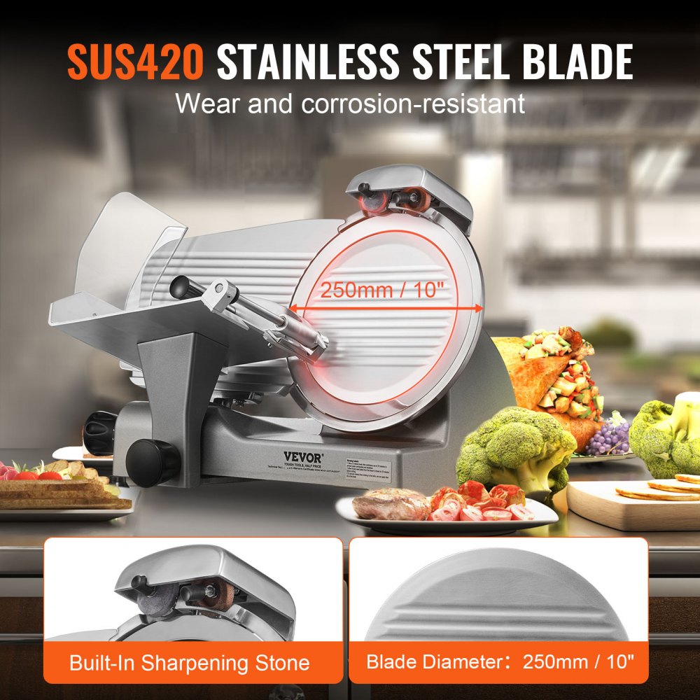 VEVOR Cortadora Eléctrica Comercial 340 W, Hoja Acero Inoxidable 250 mm, 360 RPM, Grosor Ajustable, para Jamón, Embutidos, Carne, Queso, Verduras y Frutas