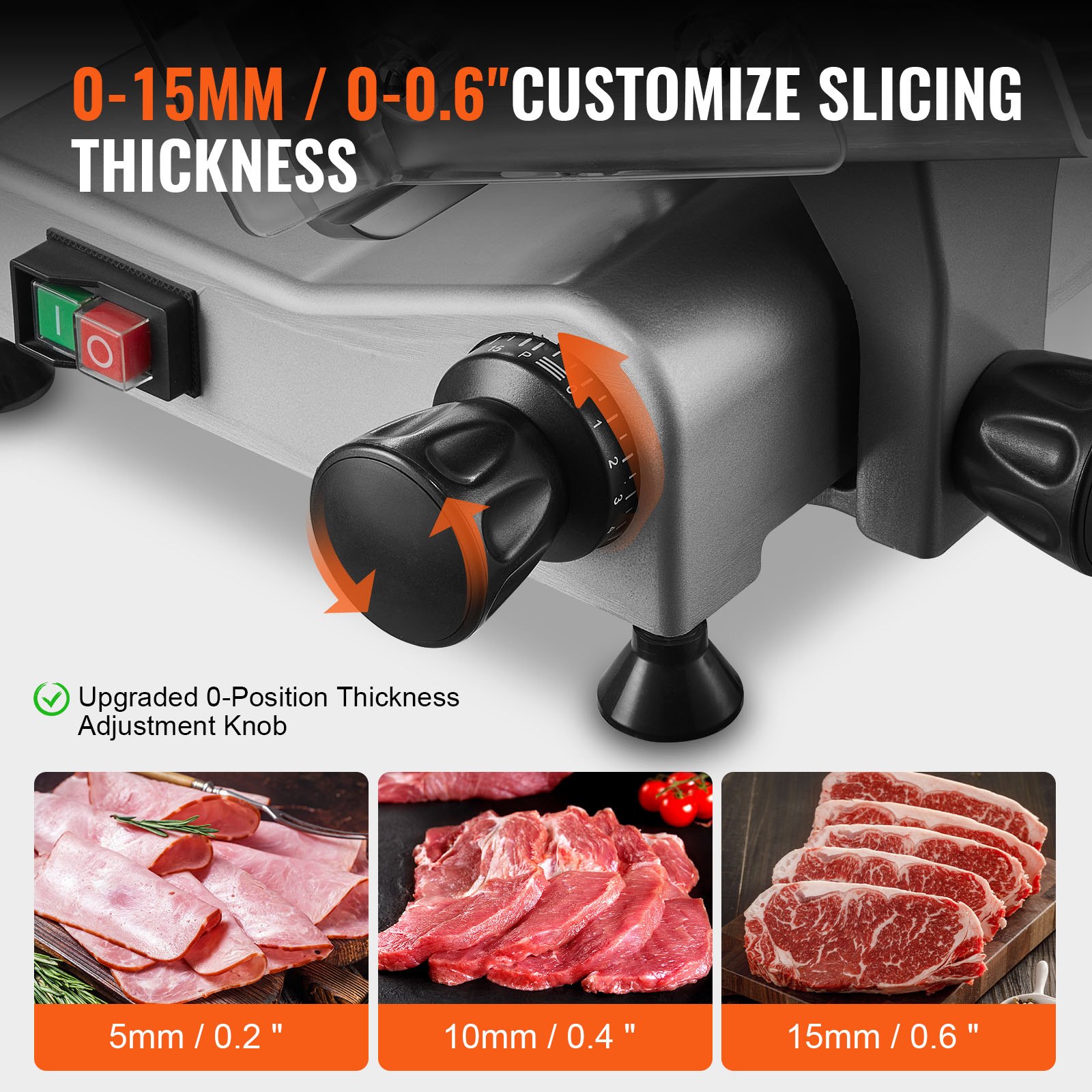 VEVOR Cortadora Eléctrica Comercial 340 W, Hoja Acero Inoxidable 250 mm, 360 RPM, Grosor Ajustable, para Jamón, Embutidos, Carne, Queso, Verduras y Frutas