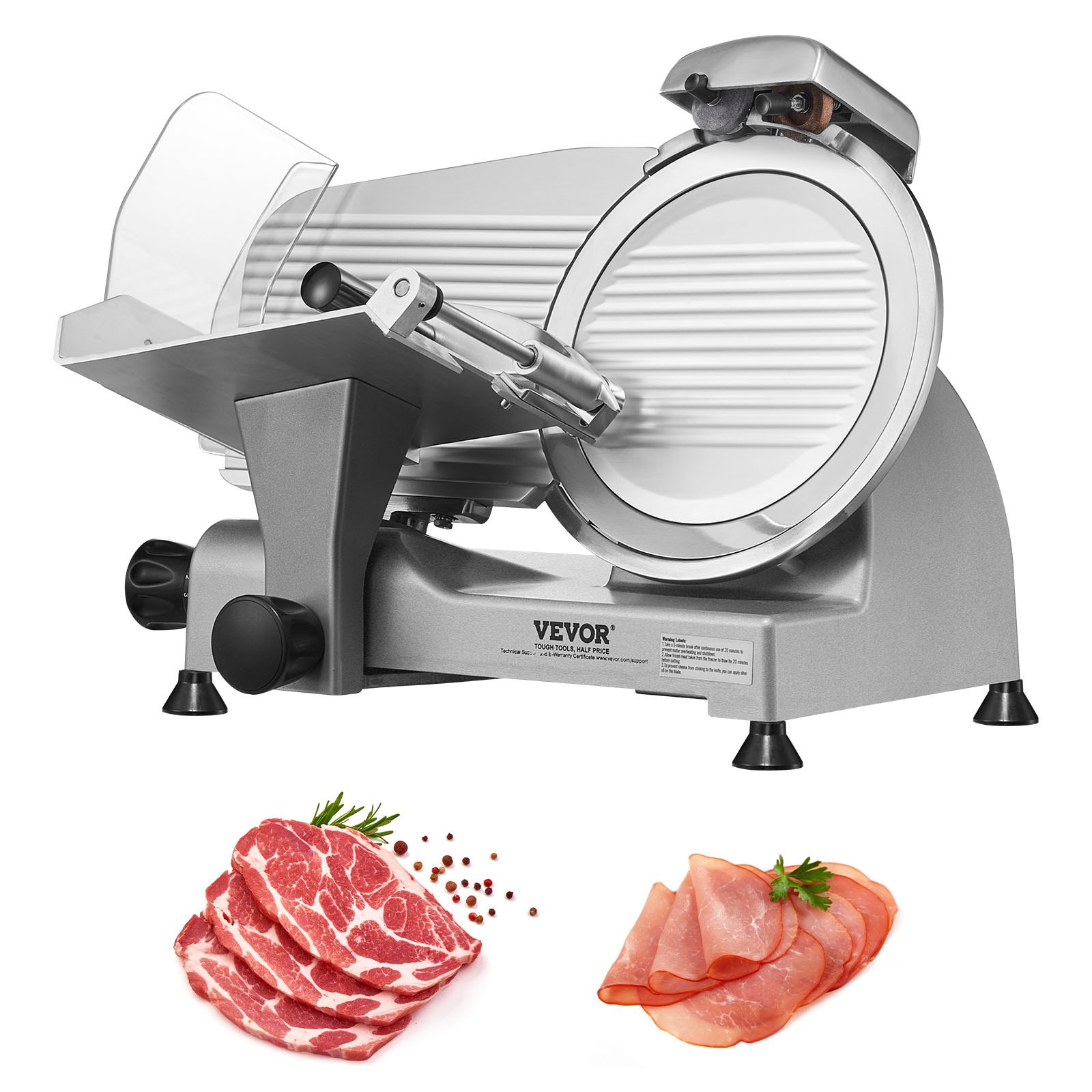 VEVOR Cortadora Eléctrica Comercial 340 W, Hoja Acero Inoxidable 250 mm, 360 RPM, Grosor Ajustable, para Jamón, Embutidos, Carne, Queso, Verduras y Frutas