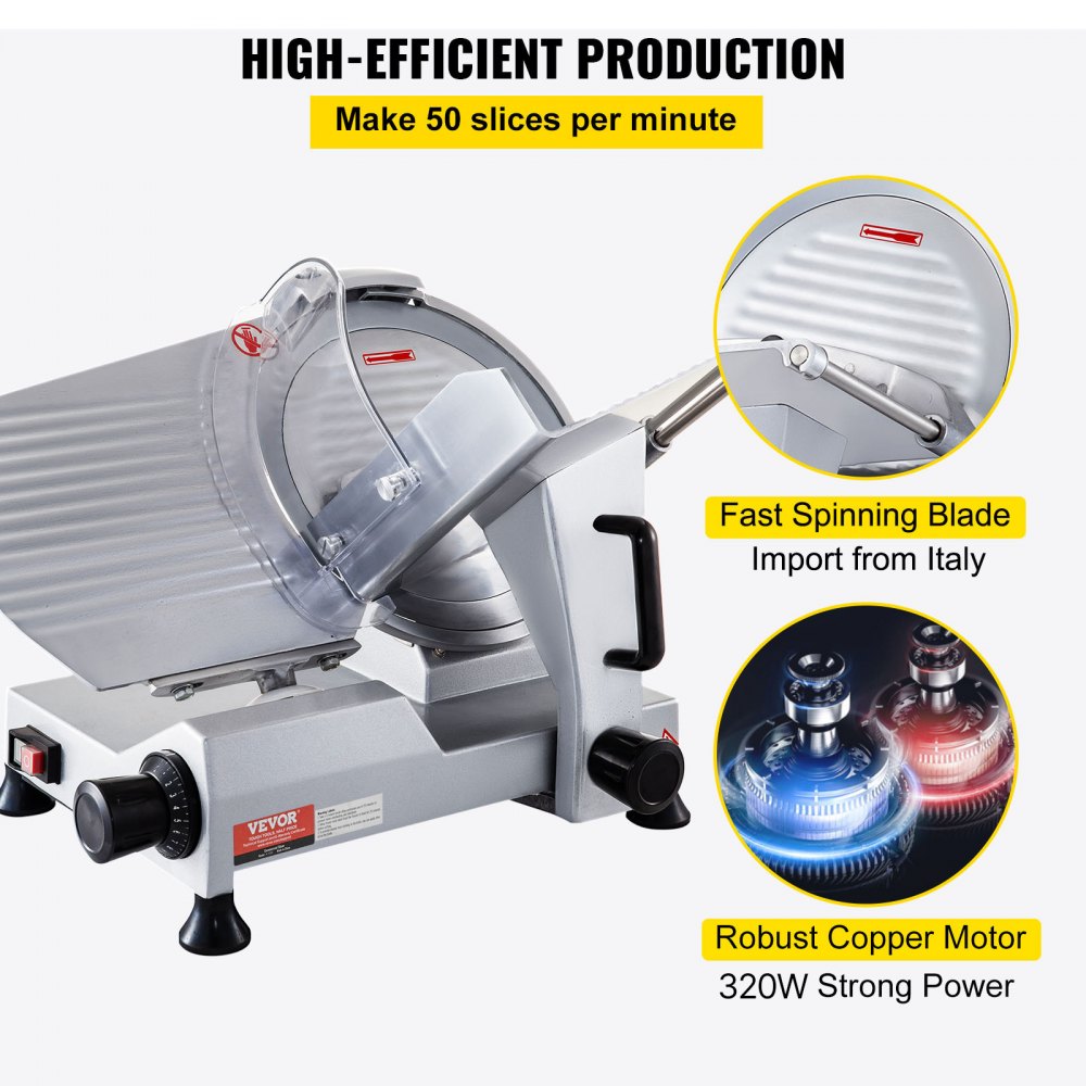 VEVOR Cortadora Eléctrica Comercial 320 W Cortadora de Jamón Hoja de 300 mm 350-400 rpm Cortadora de Embutidos en Acero Inoxidable y Aluminio para Cortar Carne Queso Verduras Fruta