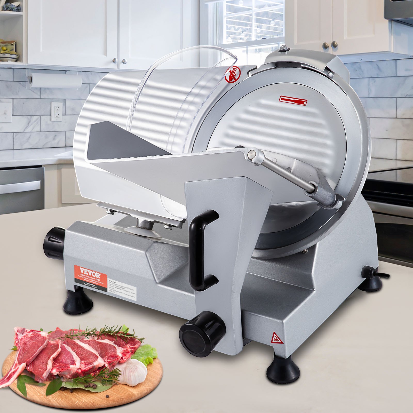 VEVOR Cortadora Eléctrica Comercial 320 W Cortadora de Jamón Hoja de 300 mm 350-400 rpm Cortadora de Embutidos en Acero Inoxidable y Aluminio para Cortar Carne Queso Verduras Fruta