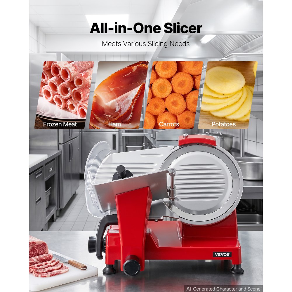 VEVOR Cortafiambres Eléctrico 320W Cortadora de Carne Comercial 300-450 RPM, con Cuchilla de Acero al Carbono de 25 cm, Grosor Ajustable de 0-12 mm, Uso Comercial y Doméstico, para Carne Congelada