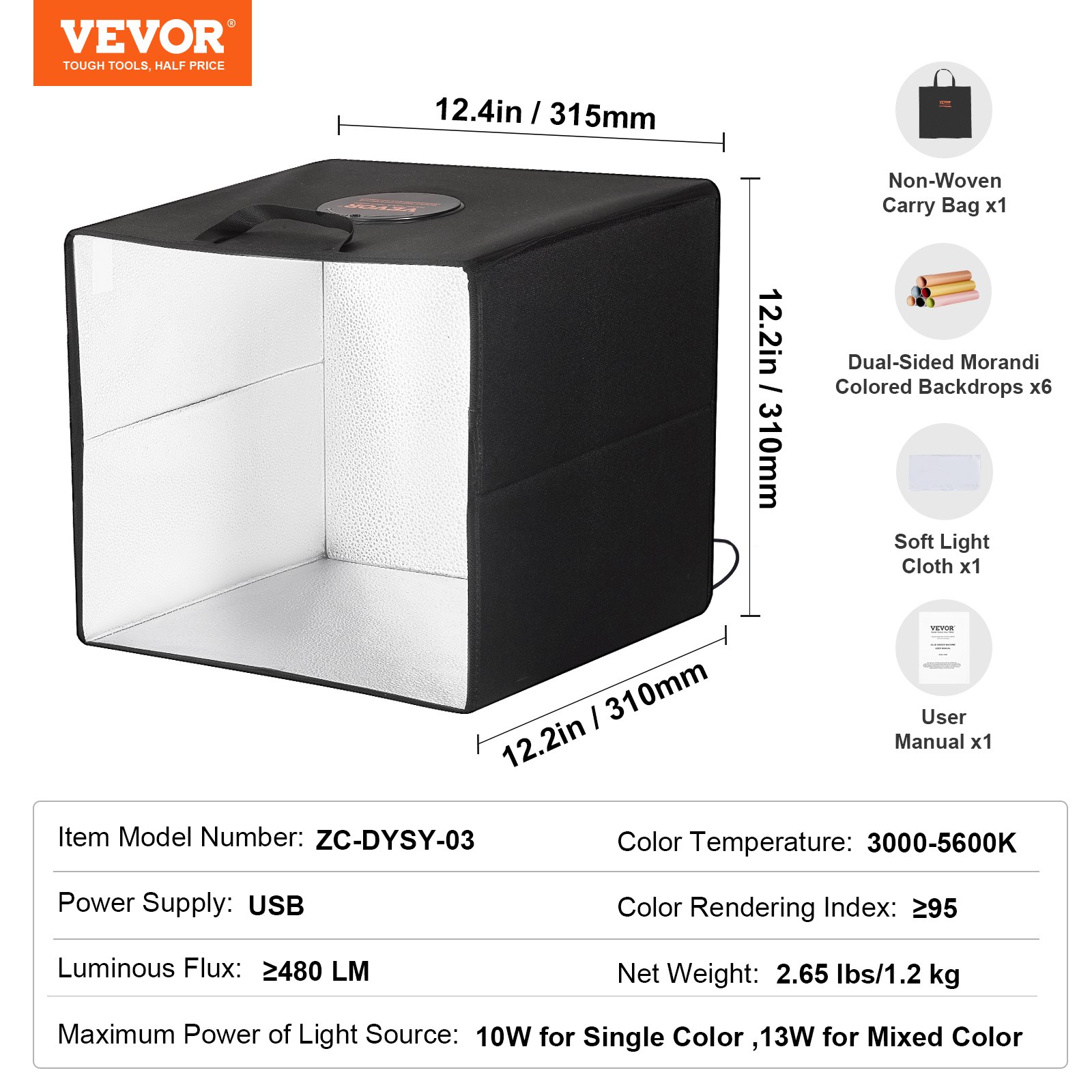 VEVOR Photo Studio Light Box, 12 x 12 inches, 3000-5600 K, 3 Adjustable Color Temperatures, Professional Shooting Tent Set with 120 LEDs, 6 Double-Sided Color Backgrounds, High CRI ≥ 95 for Small Products